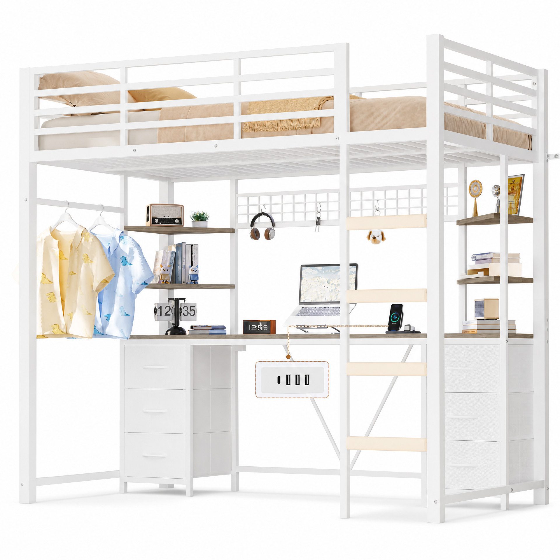 MSMASK Hochbett Jugendbett mit Schreibtisch, 6 großen Schubladen & 4 Ablagen (Ohne Matratze) Kinderbett mit Metall-Rausfallschutz und Leiter, 90x200cm – Bild 3 von 5