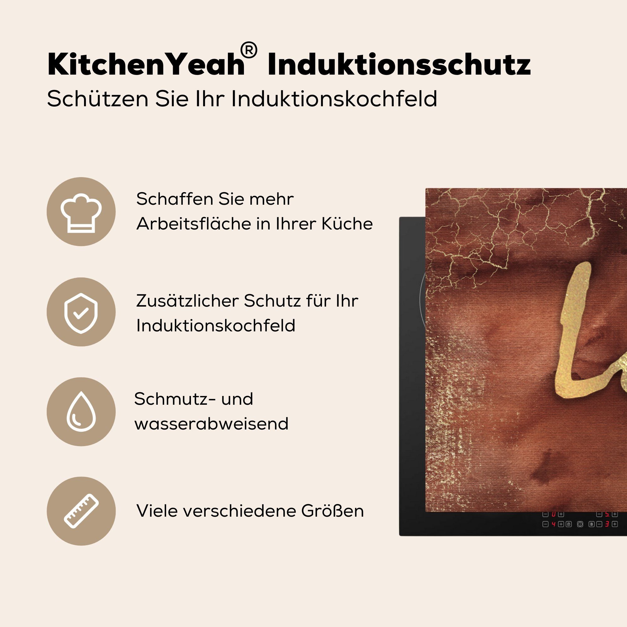 (1 küche, Ceranfeldabdeckung - tlg), Gold, für Vinyl, die Liebe Induktionskochfeld - 81x52 cm, - Braun Zitat MuchoWow Schutz Herdblende-/Abdeckplatte