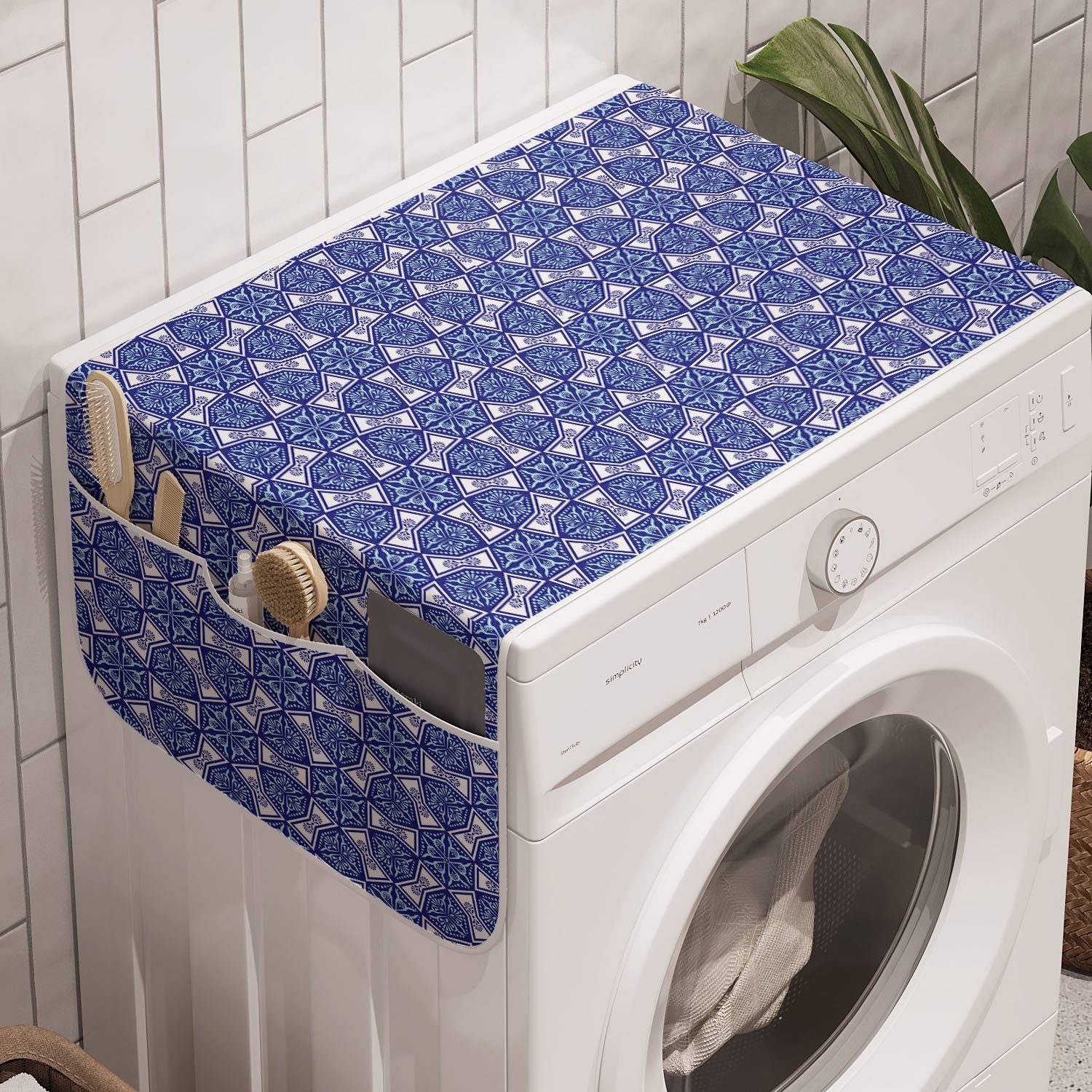 Trockner, für Badorganizer Waschmaschine Indigo und Anti-Rutsch-Stoffabdeckung Abakuhaus Blau Geometrisch Floral