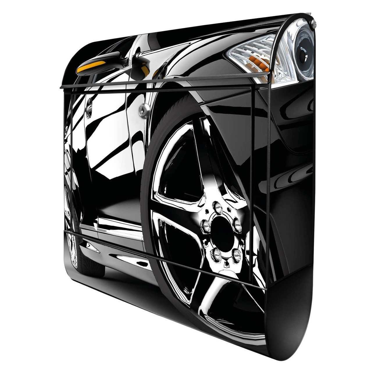 banjado Wandbriefkasten Stahl Luxus Car (Wandbriefkasten witterungsbeständig, pulverbeschichtet, mit Zeitungsfach), 39 x 47 x 14cm schwarz