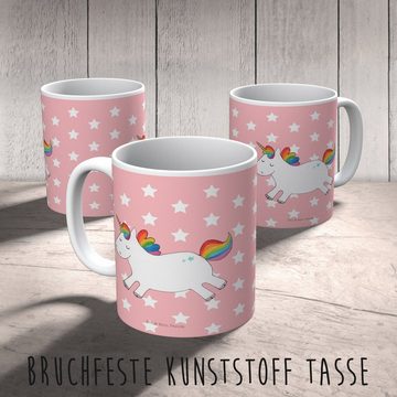 Mr. & Mrs. Panda Kinderbecher Einhorn Happy - Rot Pastell - Geschenk, Kinder Tasse, Outdoorgeschirr, Kunststoff, Mikrowellenbeständig