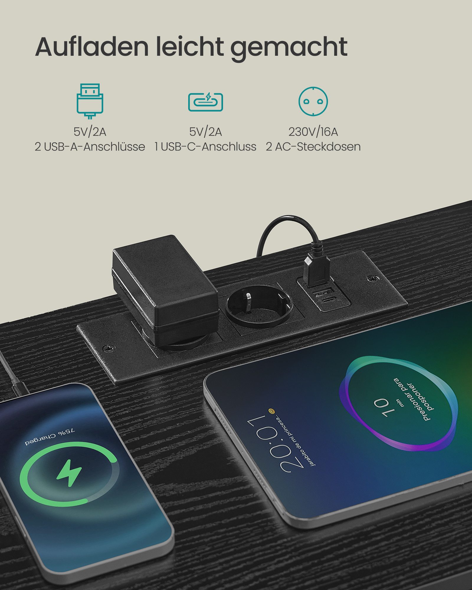 SONGMICS Nachttisch, mit Ladestation, Beistelltisch mit App-gesteuerter, LED-Beleuchtung