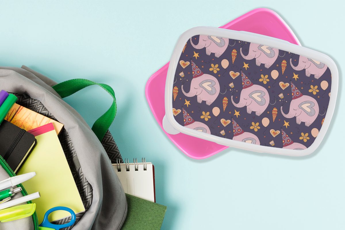 MuchoWow Mädchen, - Lunchbox Snackbox, für Kinder, Brotbox Kunststoff (2-tlg), Kunststoff, Geburtstag Brotdose rosa Muster, Erwachsene, Elefant -
