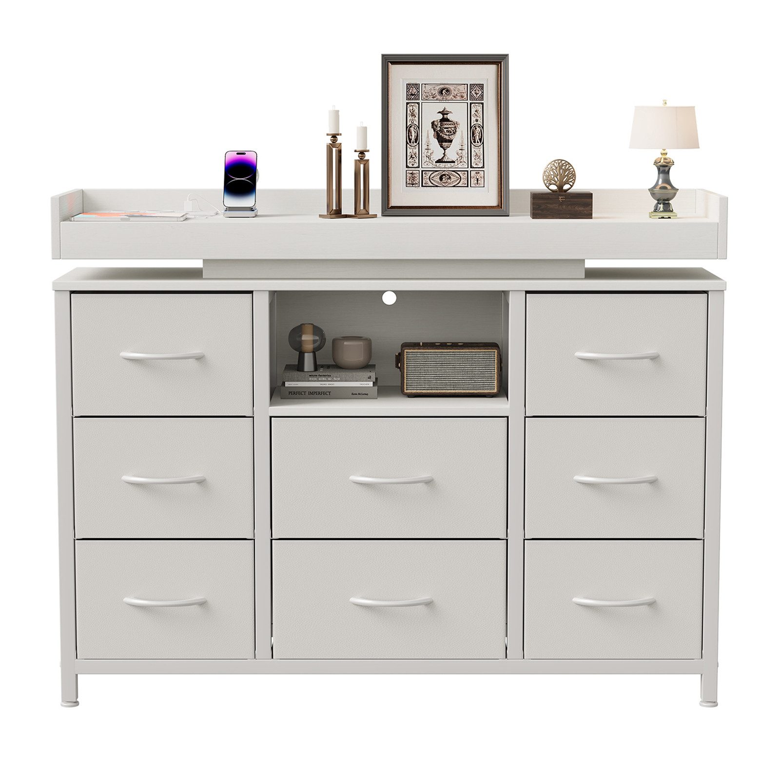 FUROKOY TV-Schrank Kommode mit 8 Schubladen aus Stoff (Fernsehschrank Sideboard Metallgestell, Industrie-Design) für Schlafzimmer Wohnzimmer Flur, 108 x 30 x 82cm