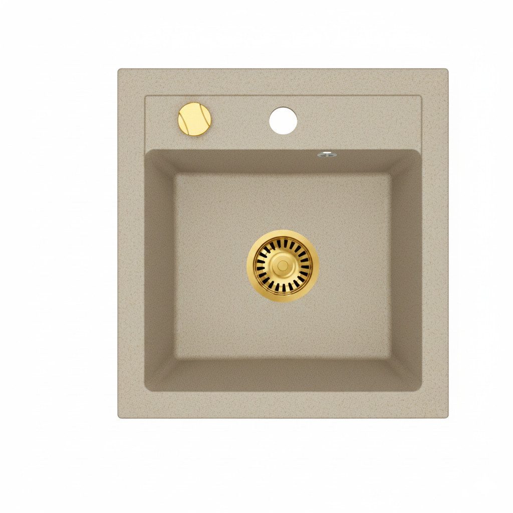 Faizee Möbel Granitspüle Granitspüle 49x52 +Armatur Gold Küchenspüle Spülbecken inkl. Siphon, eckig, 49/52 cm