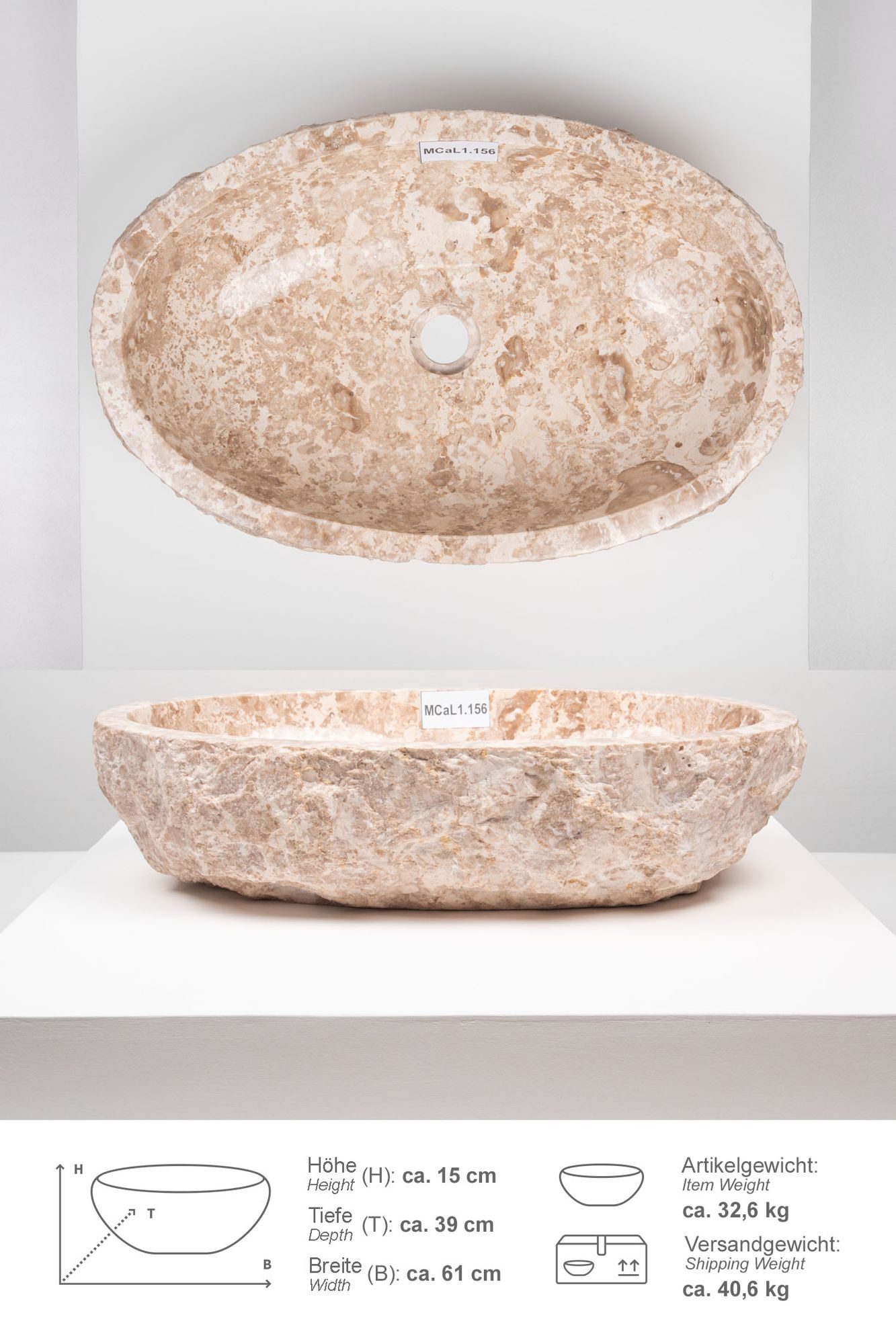 wohnfreuden Aufsatzwaschbecken Erosi Marmor Waschbecken 60 cm creme (Kein Set), 102276_MCaL1.156