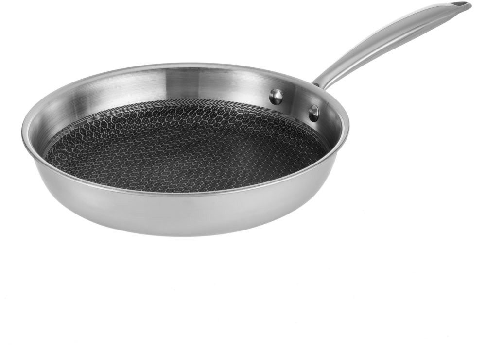 RESTO Kitchenware Bratpfanne Achird Pfanne aus Tri-Ply (Edelstahl + Aluminium + Edelstahl) ofenfest, Edelstahl 18/10 (1-tlg), Die 3-schichtige Basis ermöglicht eine Energieeinsparung von 25%