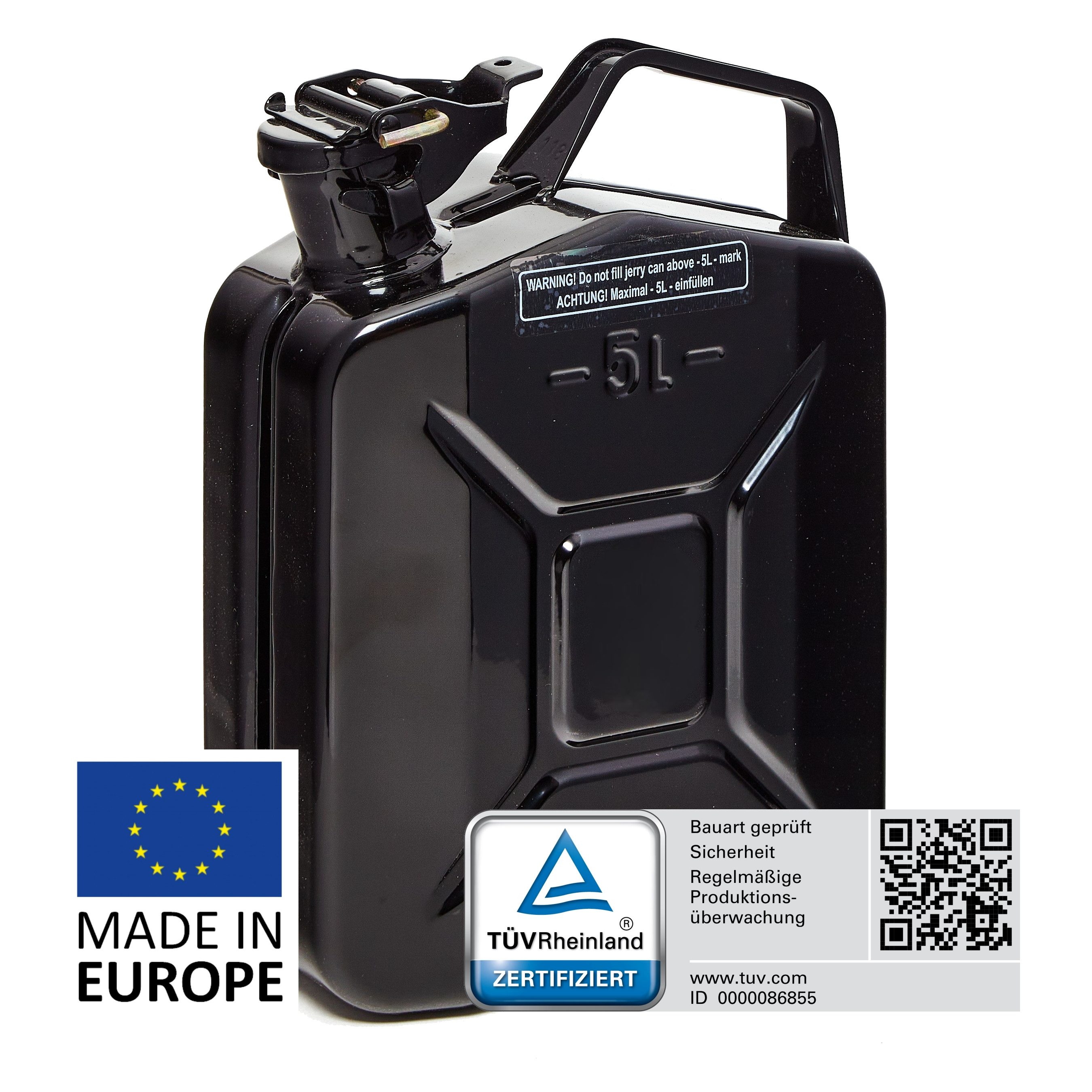 BW Benzinkanister Metall Kraftstoffkanister 5 Liter - Schwarz - RAL 9005 (5L,10L und 20L, mit Ausgießer), TÜV-geprüft und UN-Zulassung - Made in Europe