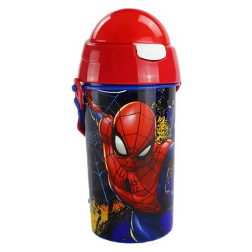 MARVEL Trinkflasche Marvel Spiderman Wasserflasche 500 ml, Flasche mit integriertem Trinkhalm und Tragegurt