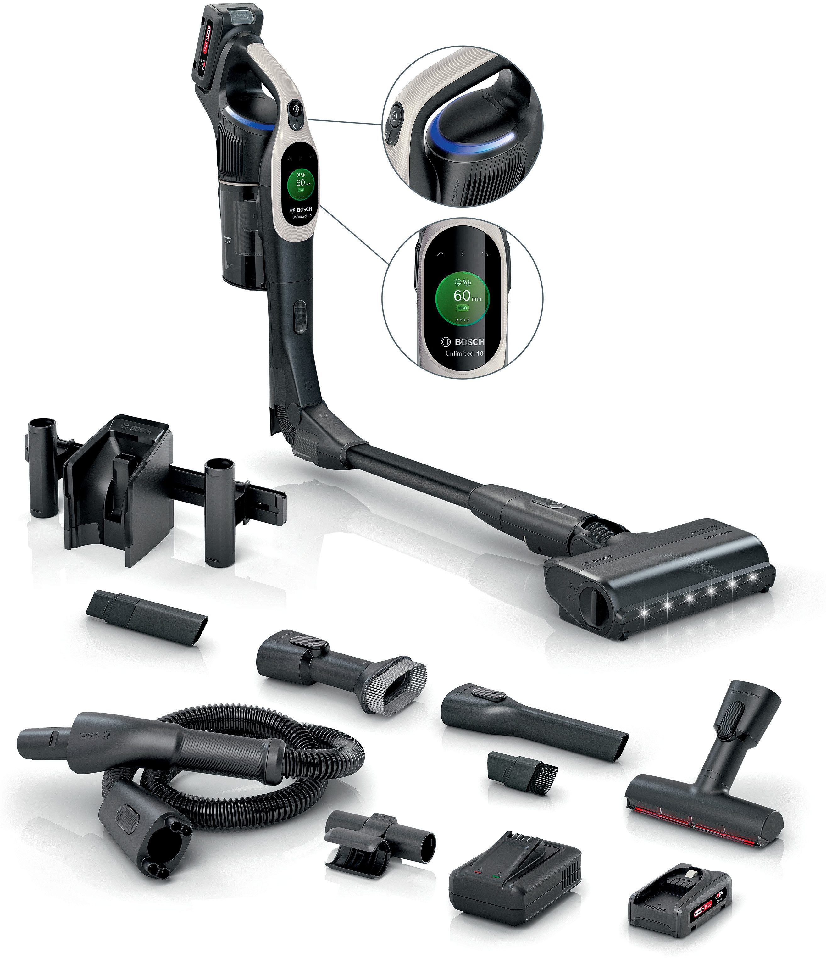 BOSCH Akku-Stielstaubsauger Unlimited 10 BTS1042GQC, MicroClean™ Technology, 10 J. Motorgarantie, 0,0 W, beutellos, Display, Knickrohr, HEPA-Filtersystem, Schnellladegerät, 2 Akkus, grau