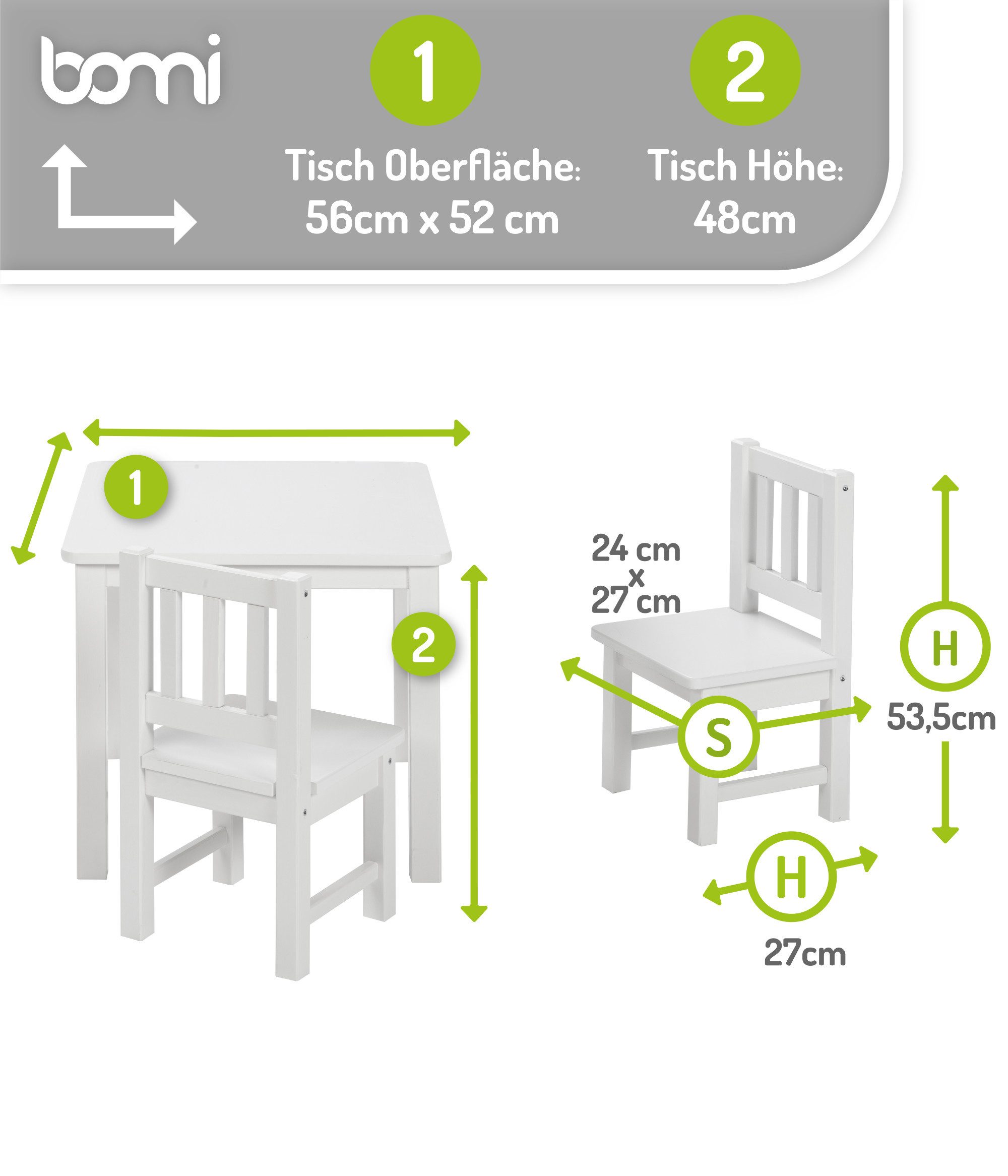 BOMI Kindersitzgruppe Holzsitzgruppe Amy, (Set, 5-tlg., oder 5 tlg. erhältlich), Kindertischgruppe, Tisch & Stühle Kinderzimmer, als Spiel- & Maltisch