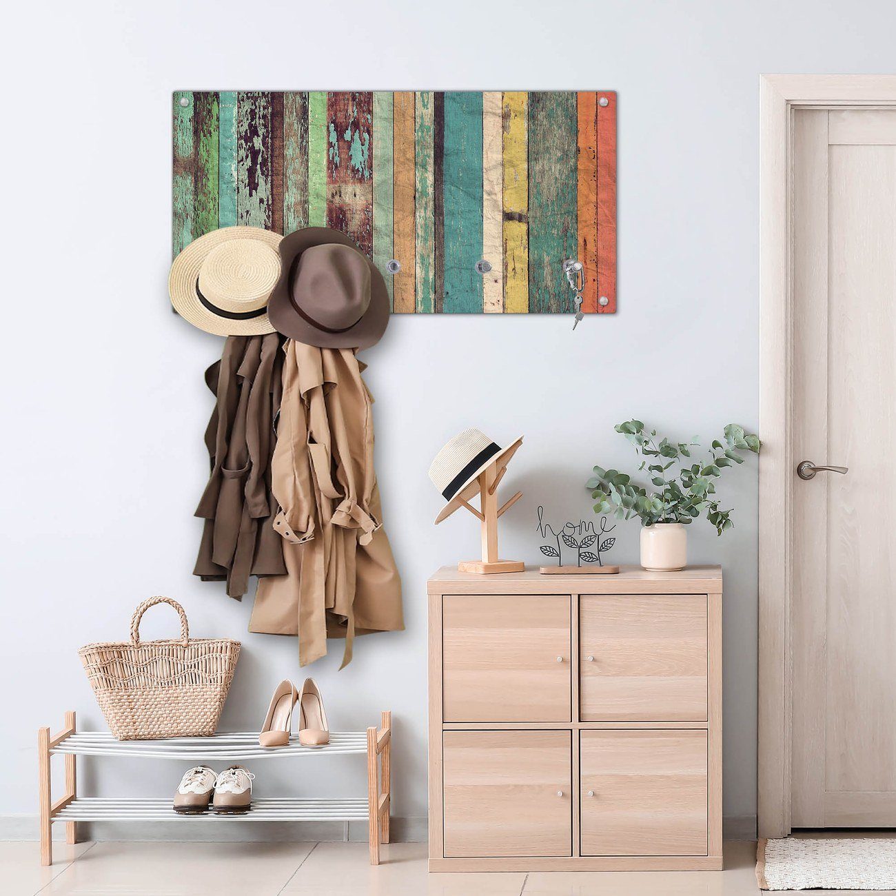 banjado Garderobenleiste Glas Bunte Bretterwand (Wandgarderobe, günstig online kaufen