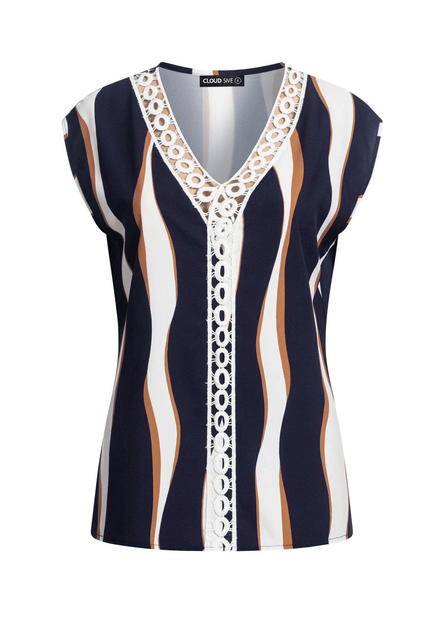 T-Shirt CLOUD 5IVE V-Neck Top mit Häkelbordüre und Wellen Print