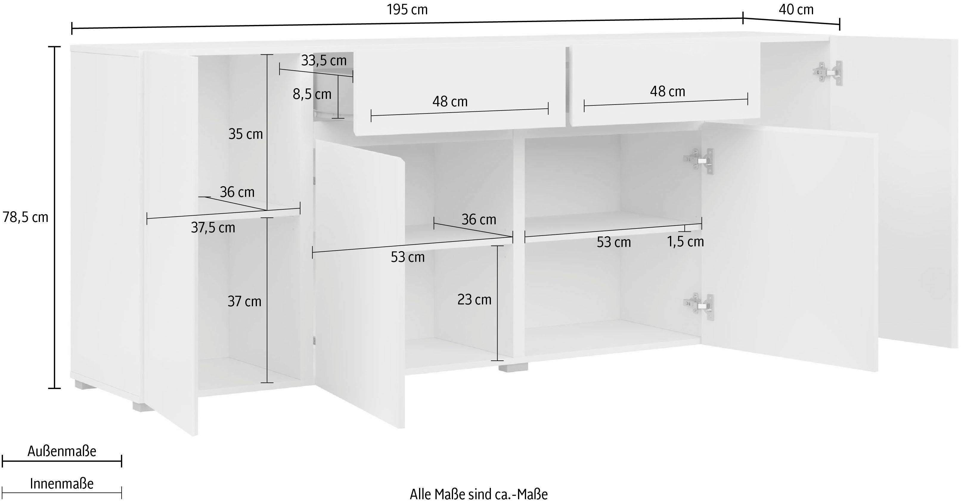 OTTO home Sideboard Metric,Breite 195 cm, grifflose Kommode 4 Türen/2 Schubkästen, Schubladenschrank mit viel Stauraum, Einlegeböden verstellbar