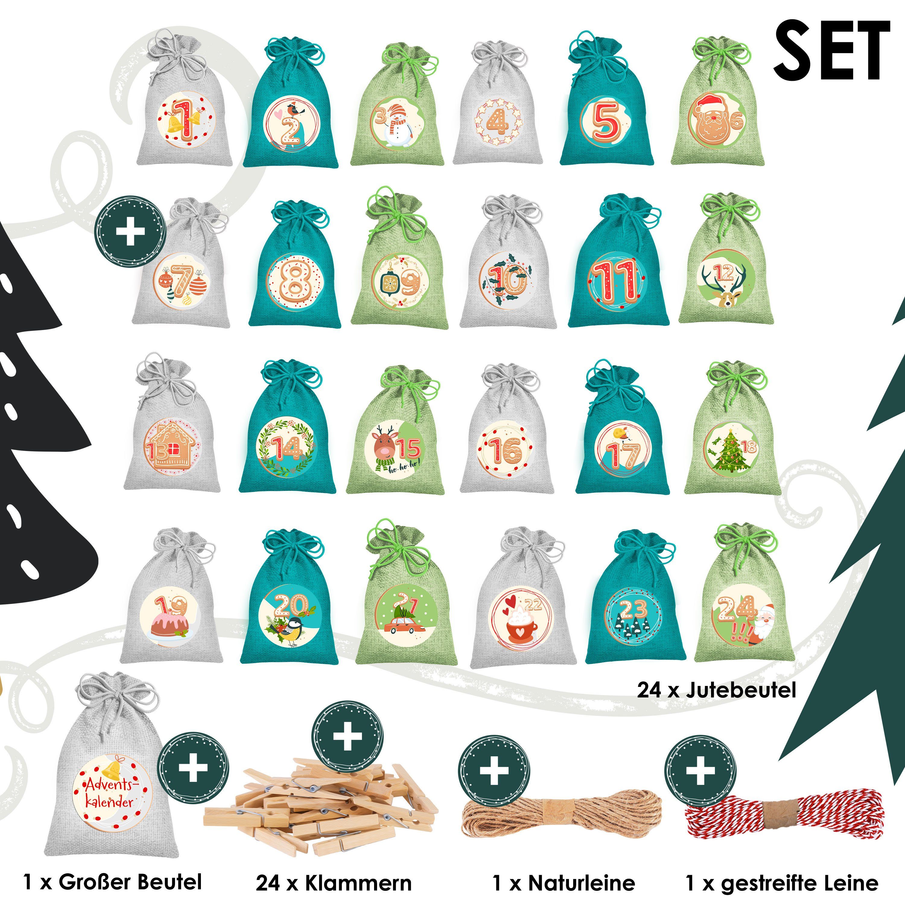 KESSER Adventskalender, Adventskalender zum Befüllen 24 Jutebeutel Stoffbezug gedruckt