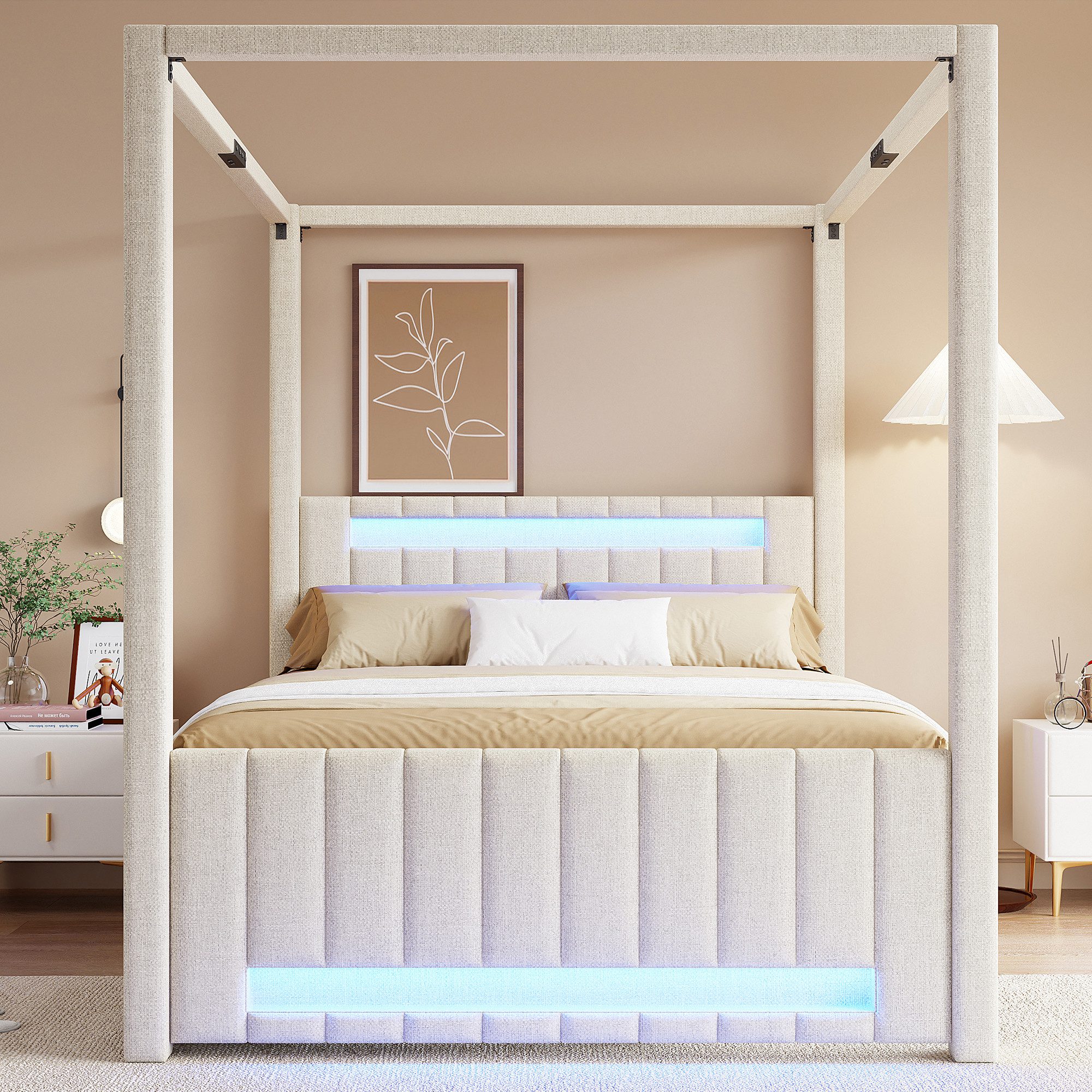 Flieks Polsterbett, Himmelbett 140x200cm mit Ausziehbett 90x190cm 3 Schubladen LED-Leiste