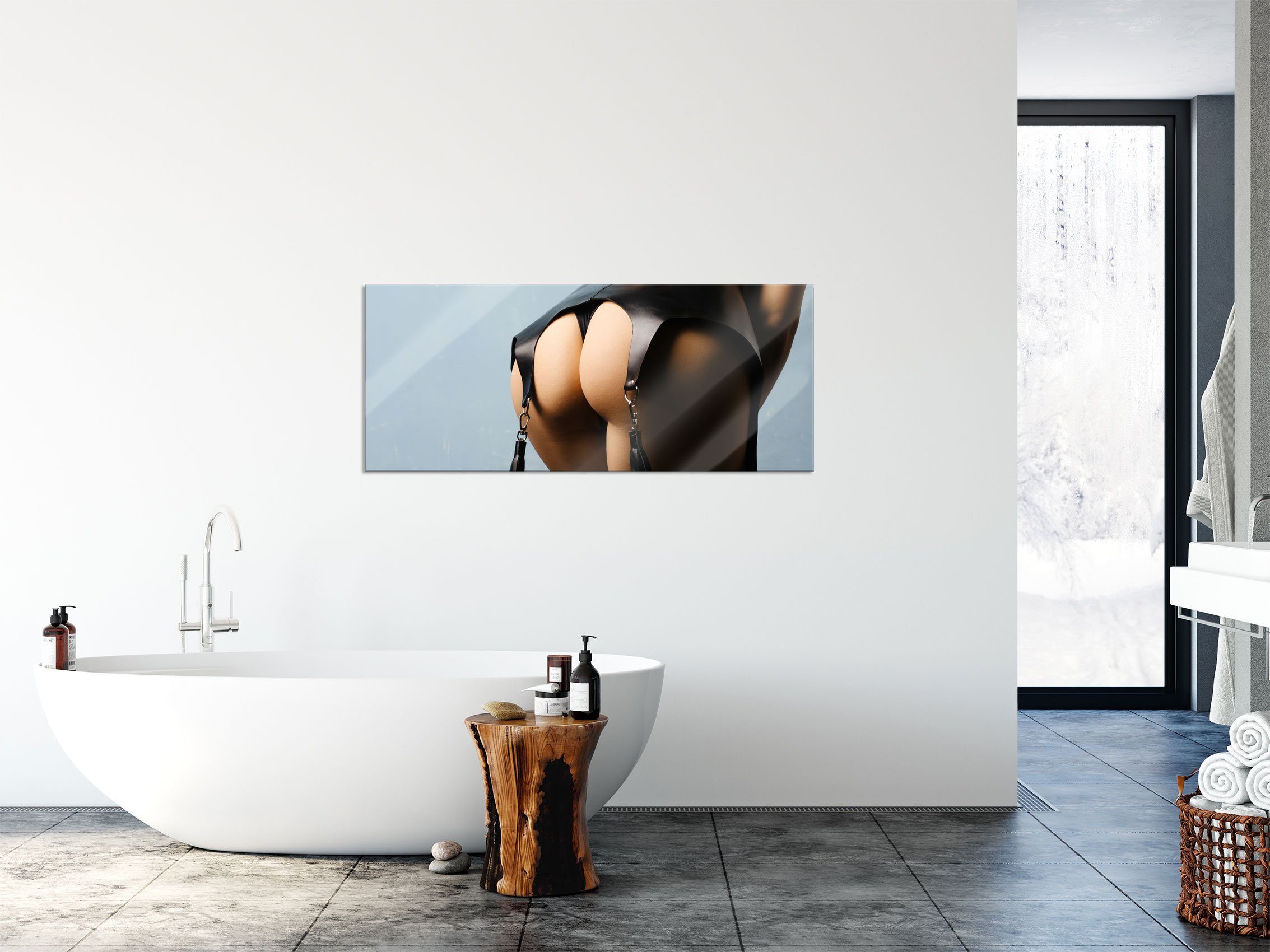Pixxprint Glasbild Frauenpo in Lederstrapse, Frauenpo in Lederstrapse (1 St), Glasbild aus Echtglas, inkl. Aufhängungen und Abstandshalter