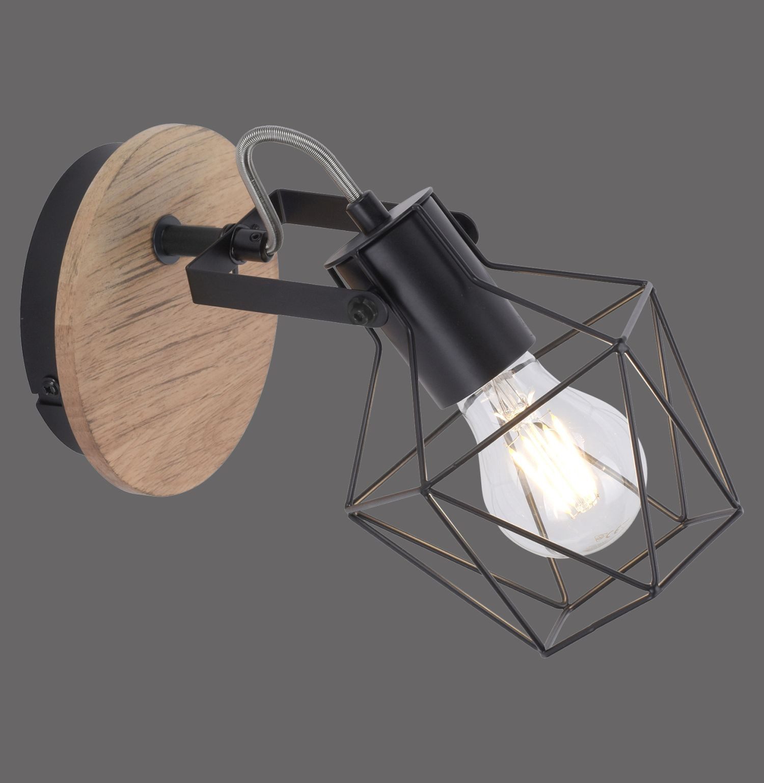Licht-Erlebnisse Wandstrahler ARTHON, ohne Leuchtmittel, Metall Holz verstellbar Natur Schwarz E27 Vintage Design Käfig Schirm