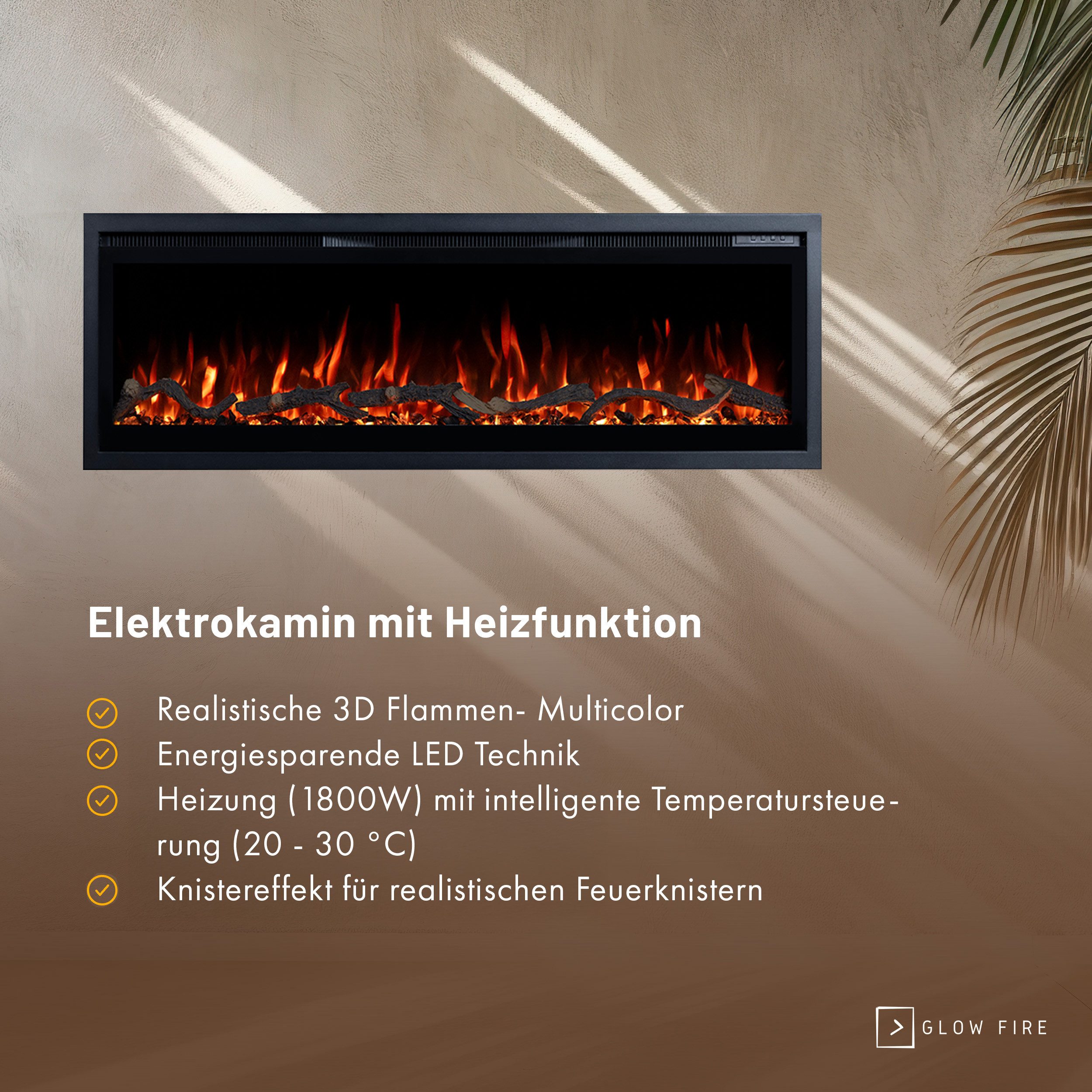 GLOW FIRE Elektrokamin GF Core Wandkamin mit 3D Feuer und Heizung (Thermostat, 900- 1800 W), Elektrischer Stand-, Wand- oder Einbaukamin mit APP Steuerung, LED