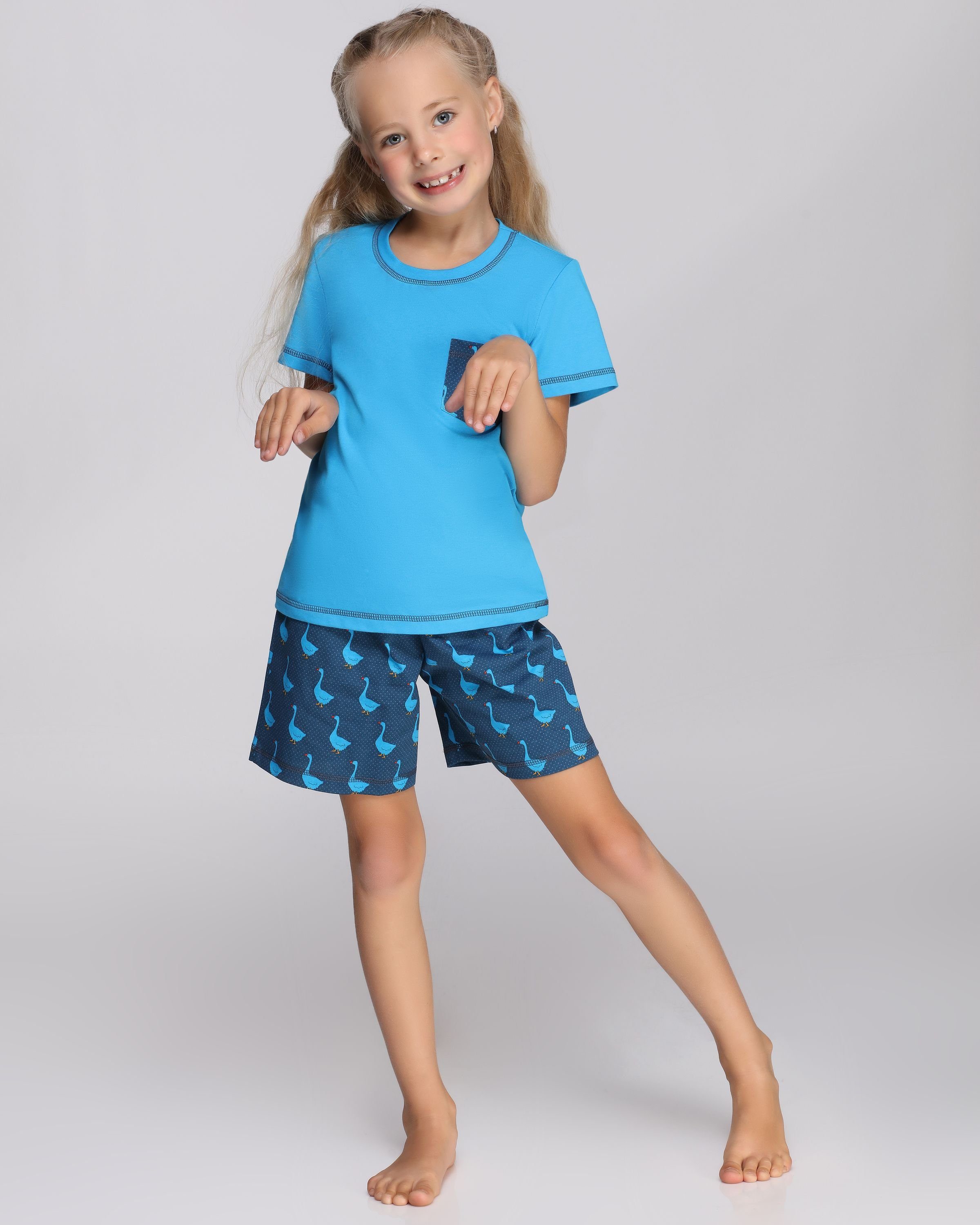 Merry Style Schlafanzug Blau/Gans Mädchen MS10-292 Schlafanzüge Baumwolle Pyjama Kurz Set aus