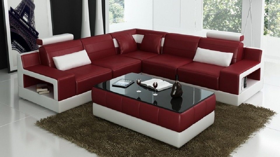 JVmoebel Ecksofa L-Form, Designer Ecksofa in Couch Sofa Wohnlandschaft Polster Hocker Made Rot/Weiß Europe
