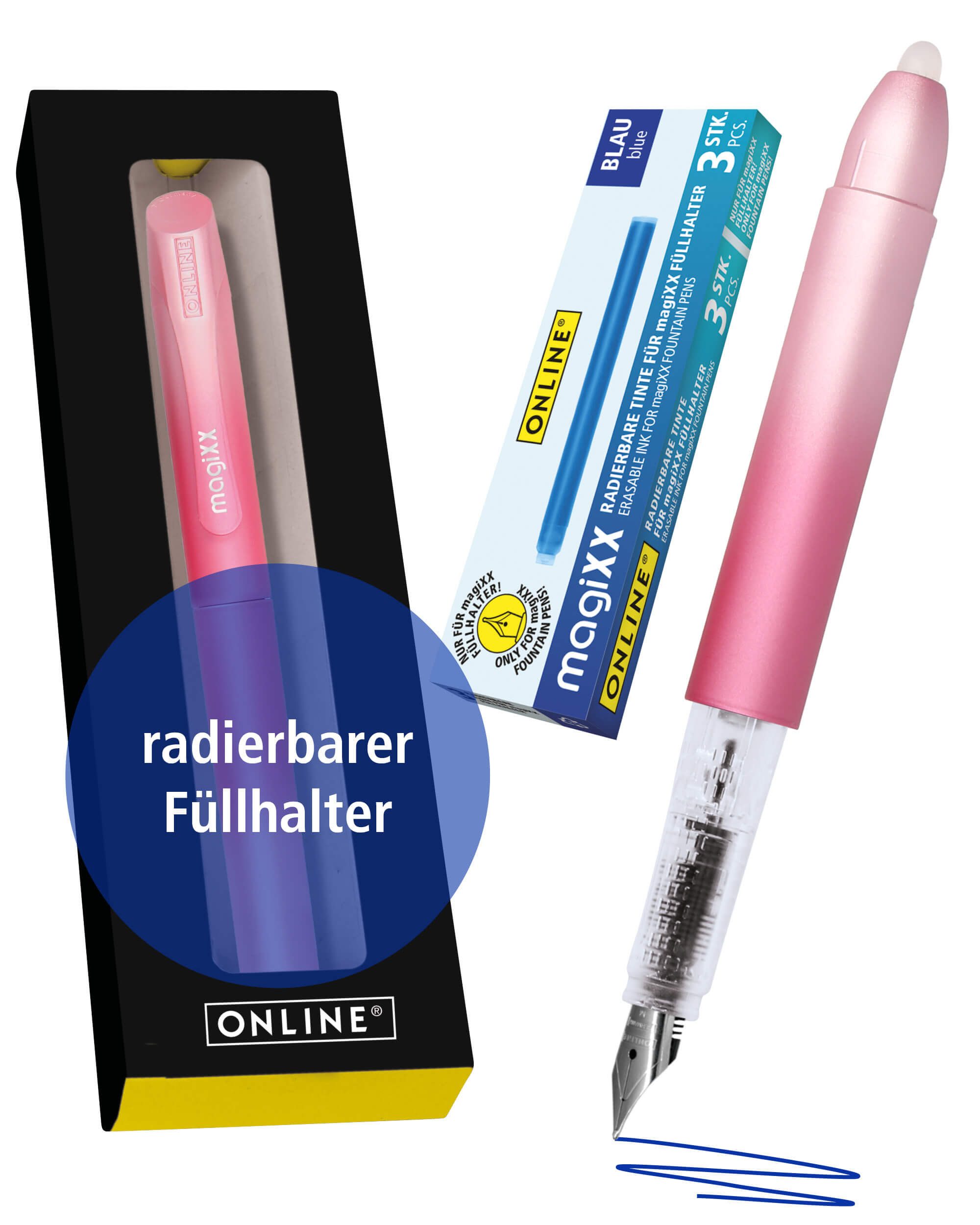 Online Pen Füller magiXX Radierbarer Füller, mit radierbarer, blauer Tinte, inkl. 4 magiXX Patronen, Vorteilspack