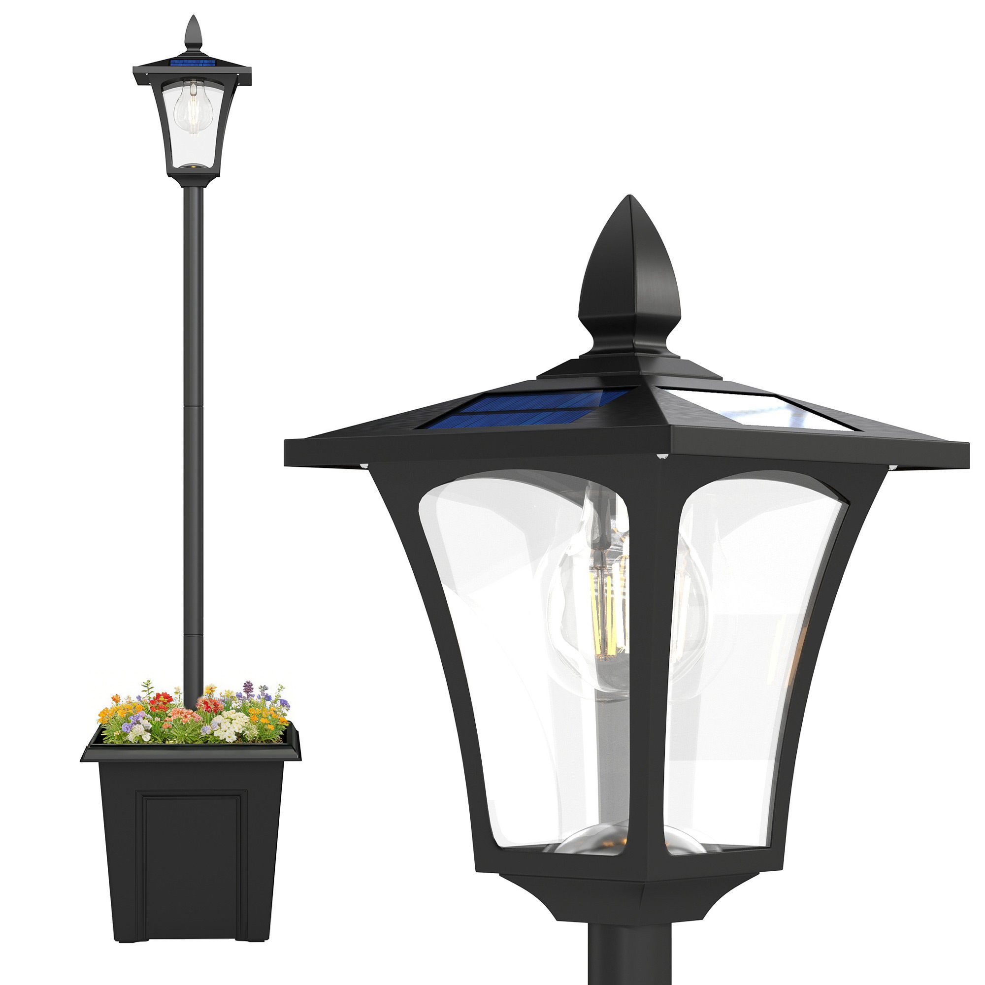 Outsunny Außen-Stehlampe Wetterfeste Wegleuchte mit LED, 10 Std. Beleuchtung, Automatische Dämmerungserkennung, LED wechselbar, Warmweiß, für Außen, 33 x 33 x 160 cm, Schwarz