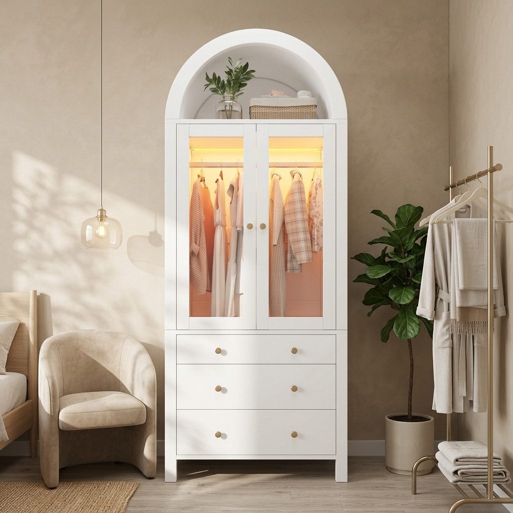 Celya Kleiderschrank mit LED-Beleuchtung1 Kleiderstange, 3 Schubladen und 2 Glastüren (mit Arbeitsplatte aus gehärtetem Glas, Schmuckfach) Bogenförmiger Schrank, Moderner Hochschrank