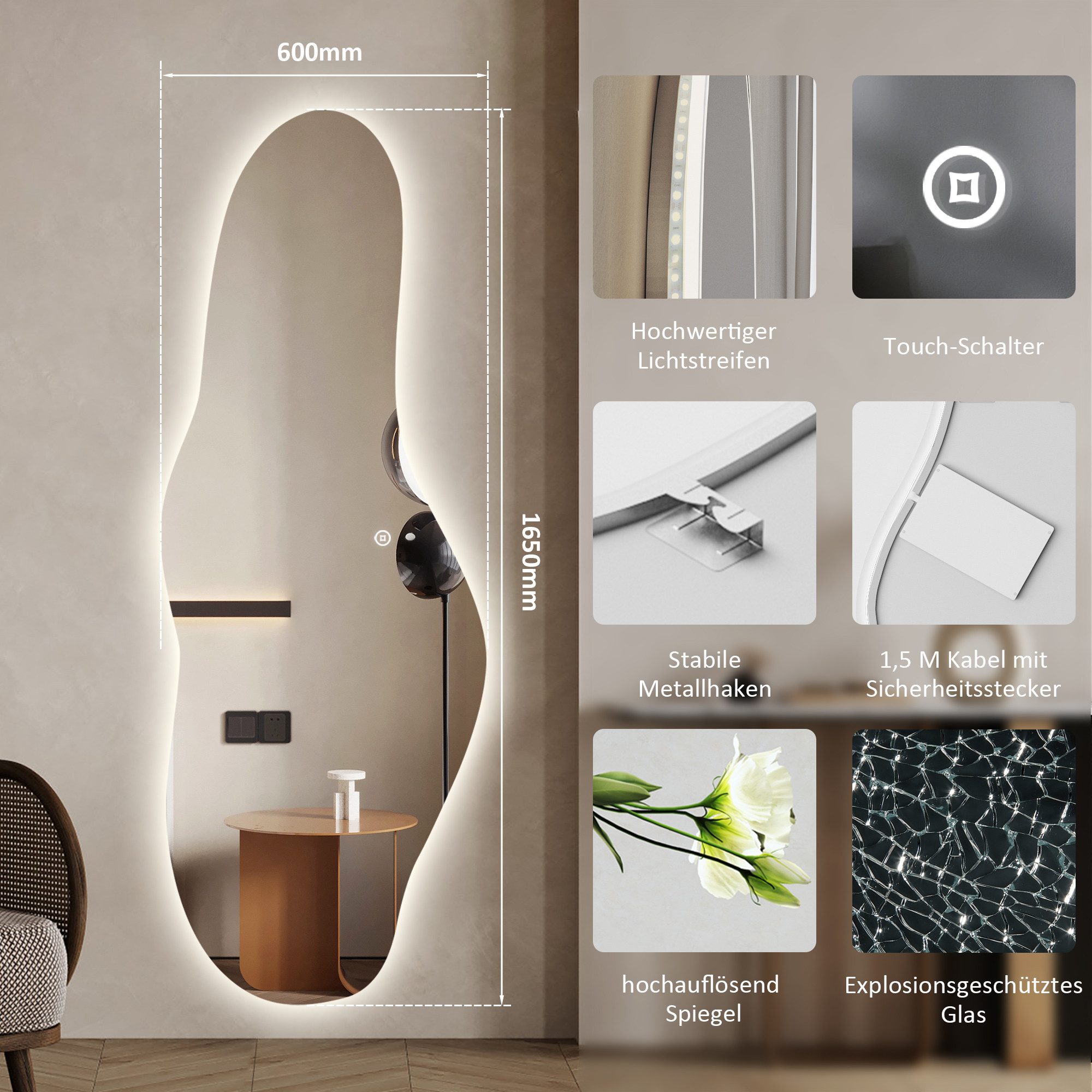 WDWRITTI Ganzkörperspiegel Ohne Rahmen LED Ganzkörperspiegel Wandspiegel groß Asymmetrisch (Flurspiegel Modern mit 3Lichtfarben, Dimmbar, Speicherfunktion, 165x60cm), 5mm HD Spiegel mit Splitterschutzfolie