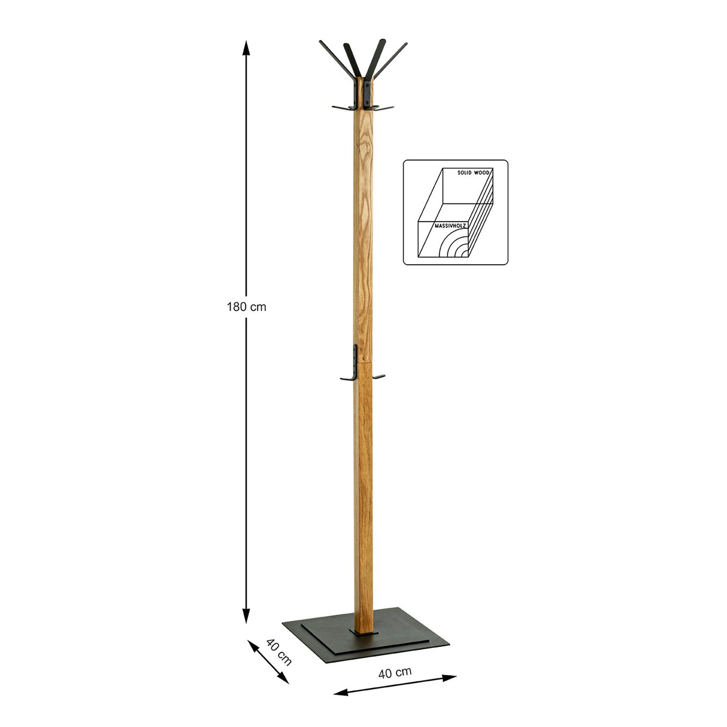 HAKU Garderobenständer Garderobenständer eiche-Kleiderständer, Massivholz-B 40xH 180xT 40 cm, (1xGarderobenständer, Hakenständer - Aufhängeständer), Garderobenständer aus Massivholz, Kleiderständer, Standgarderobe