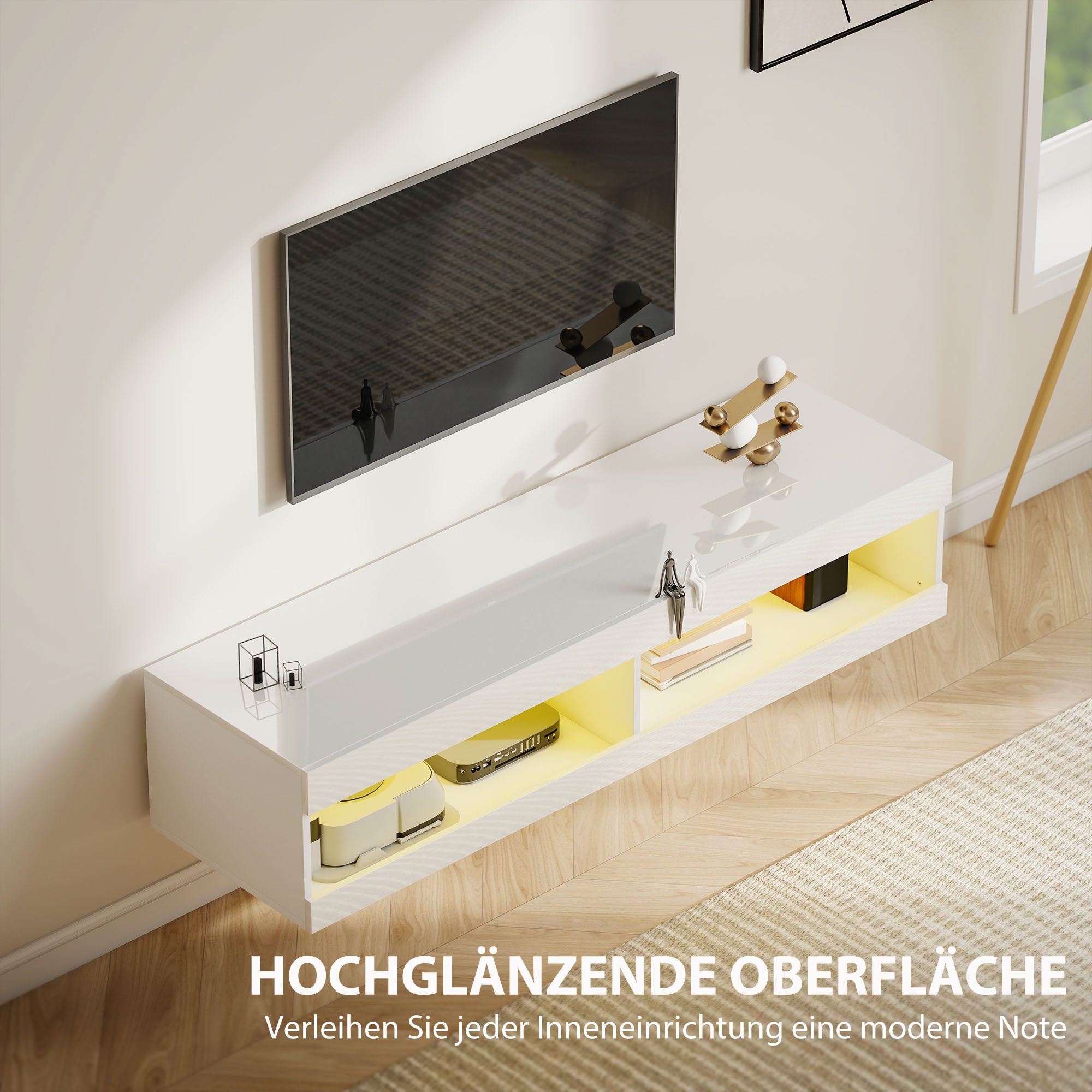 HOMCOM TV-Board mit RGB LED-Beleuchtung (16 Farben) (Hängender TV Schrank, 1 St., TV Lowboard), mit offenen Stauraum, für 55-60 Zoll Fernseher, Hochglanzweiß – Bild 5 von 5