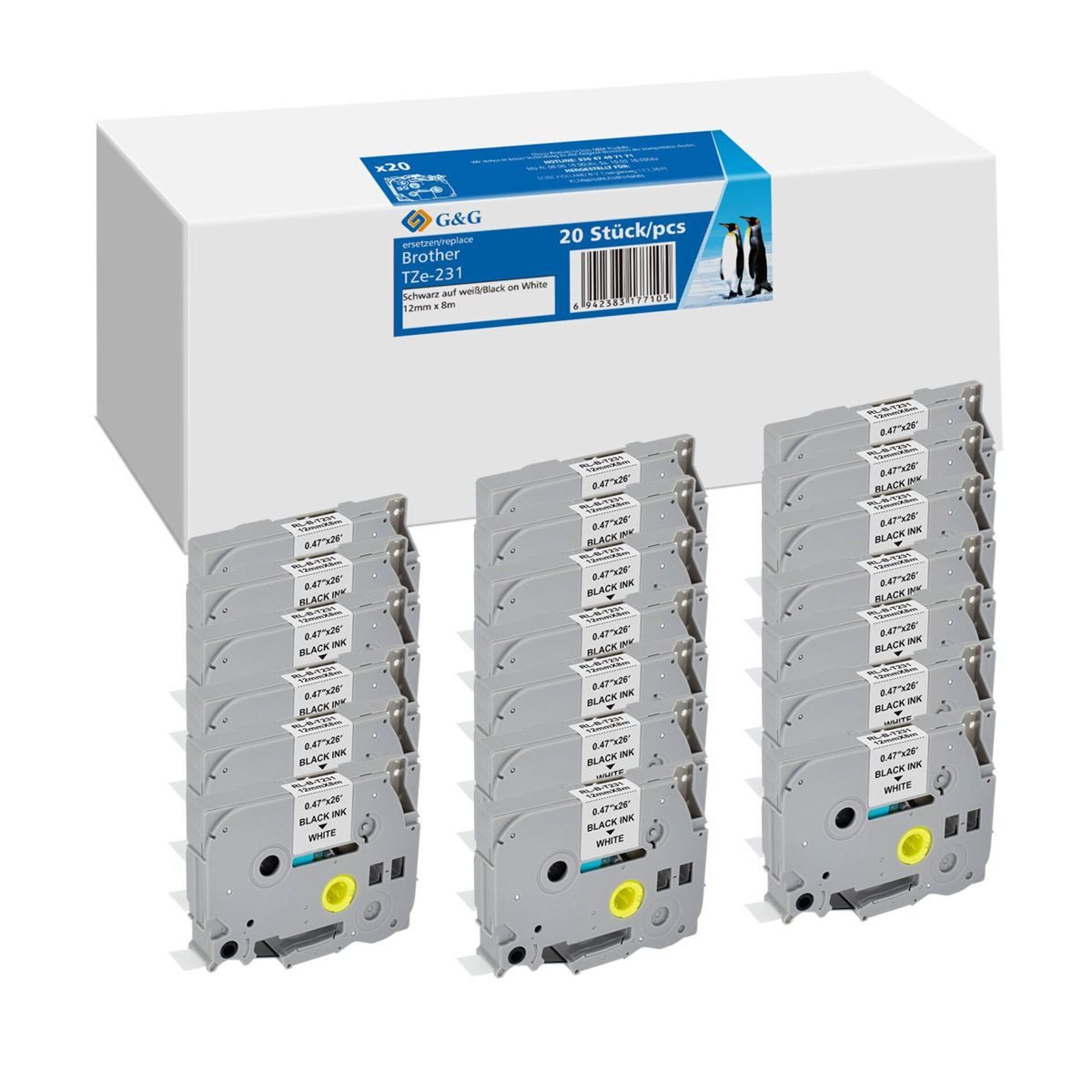 G&G Beschriftungsband 20x Schriftband 12mm x 8m sw ws komp. m. Brother