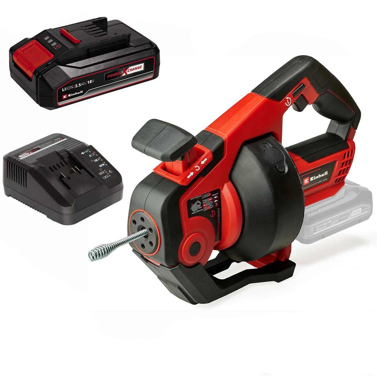 Einhell Rohrreinigungsspirale Rohrreiniger TE-DA 18/760 Li 18V, 7,6 m Spirale Akku 2,5 Ah, Ladegerät