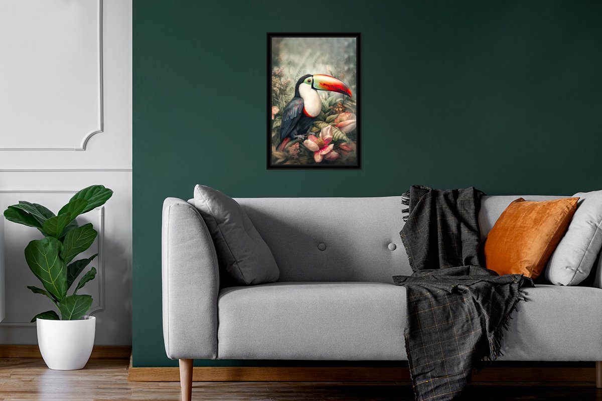 - MuchoWow Bilderrahmen - - Wanddeko, Pflanzen Tropisch, Tukan St), Poster, Bilder, Schwarzem Gerahmtes Blumen Vögel (1 Poster Wandposter, -