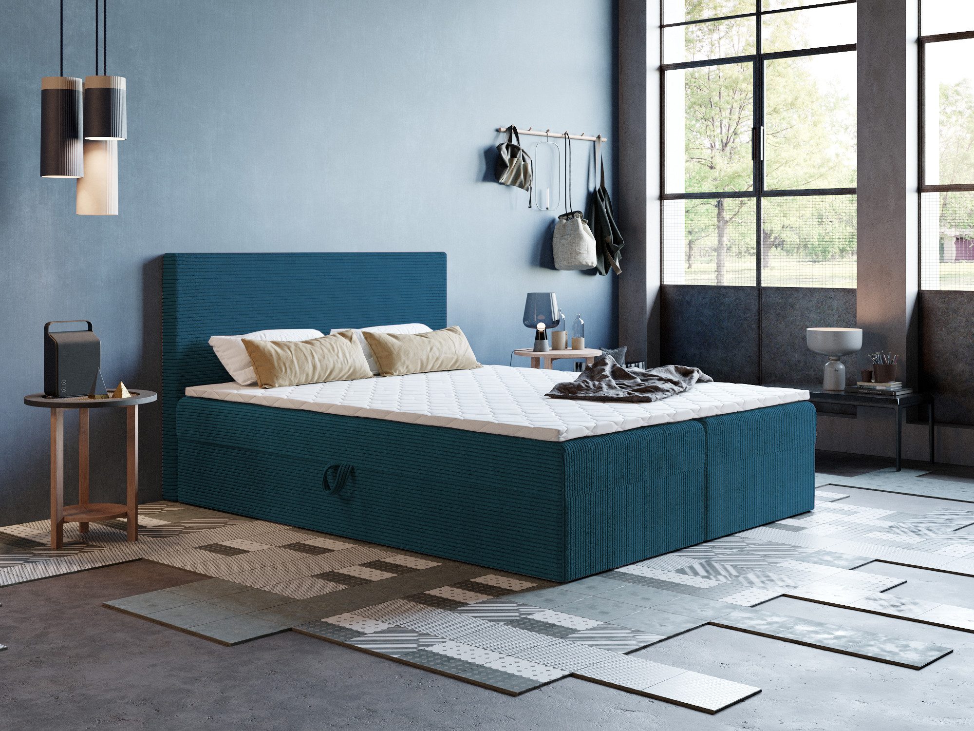 Godre Boxspringbett 120x200 cm - mit Bettkasten und Topper ARES - Bonell Matratze (Bett + Matratze + Topper T-25), Bett mit zwei seitlich zu öffnenden Kästen