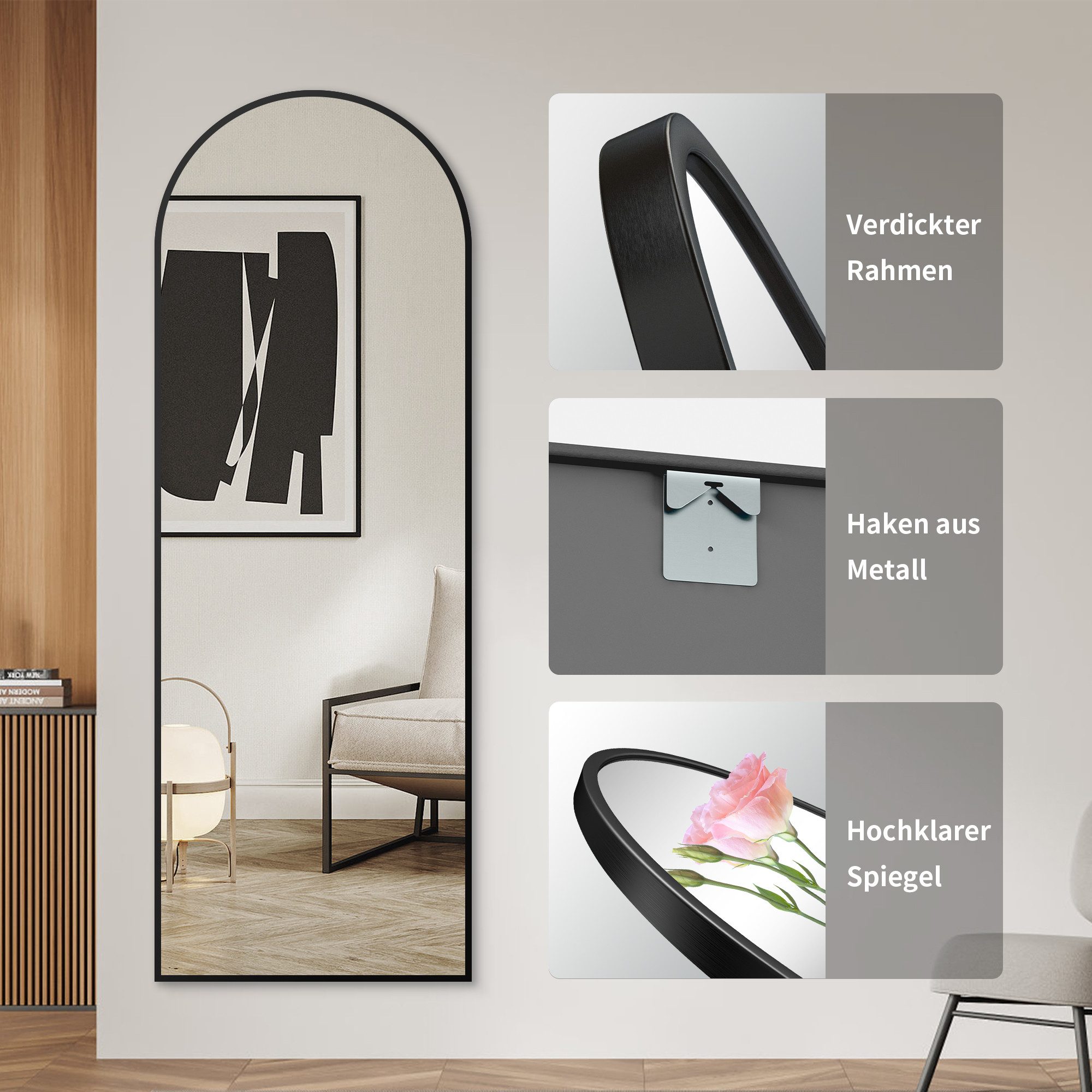 Hopibath Ganzkörperspiegel Standspiegel Weiß Schwarz Gold Wandspiegel ganzkörper 160x50 150x50 (Bodenspiegel Ankleidespiegel 140x40, für Wohnzimmer, Schlafzimmer), bruchsicher Glas