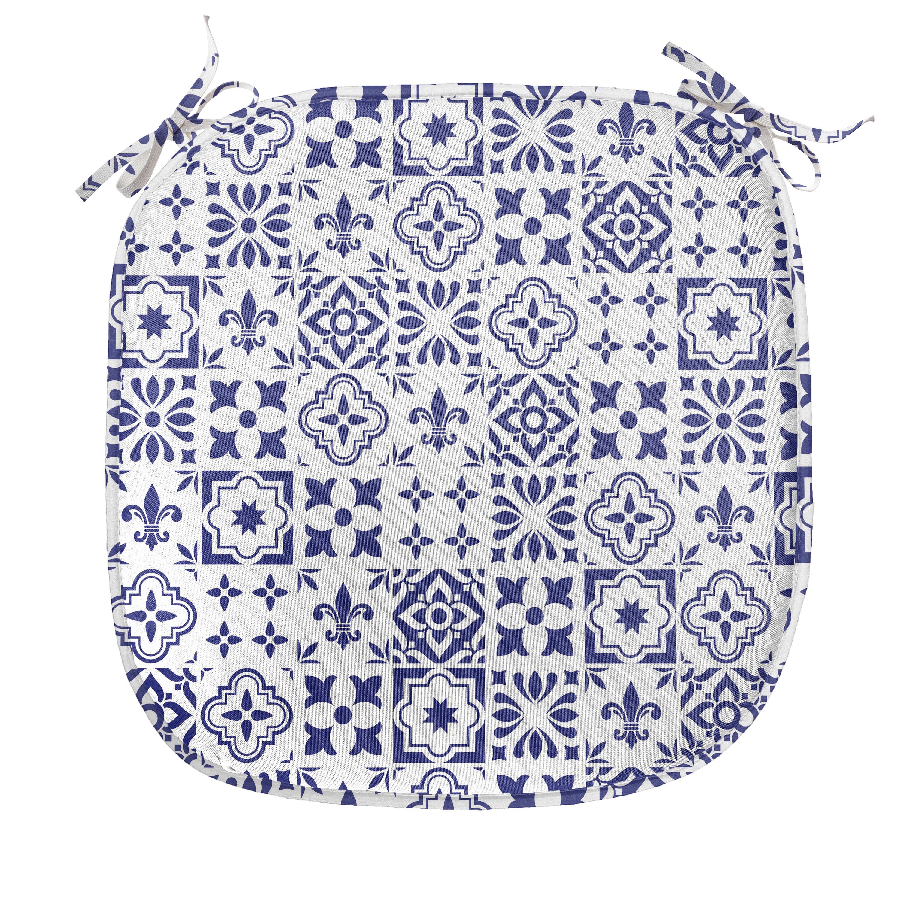 Abakuhaus Stuhlkissen Dekoratives wasserfestes Kissen mit Riemen für Küchensitze, Indigo Tile Quadrat abstraktes Muster