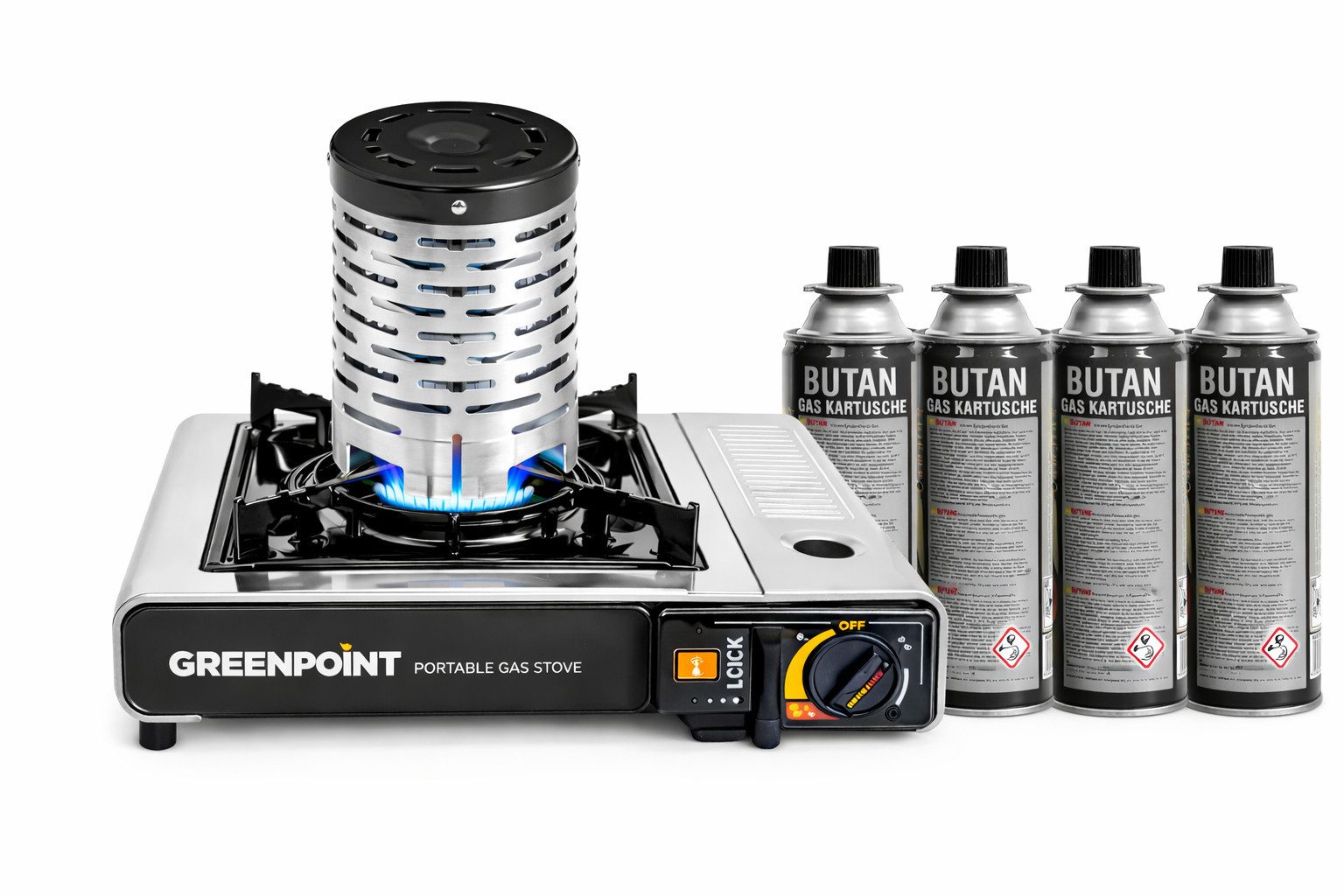 Greenpoint Heizgerät Greenpoint Heizaufsatz für Campingkocher aus Edelstahl bis 2 kW, mit Gaskocher aus Edelstahl oder Aluminium und Gaskartusche