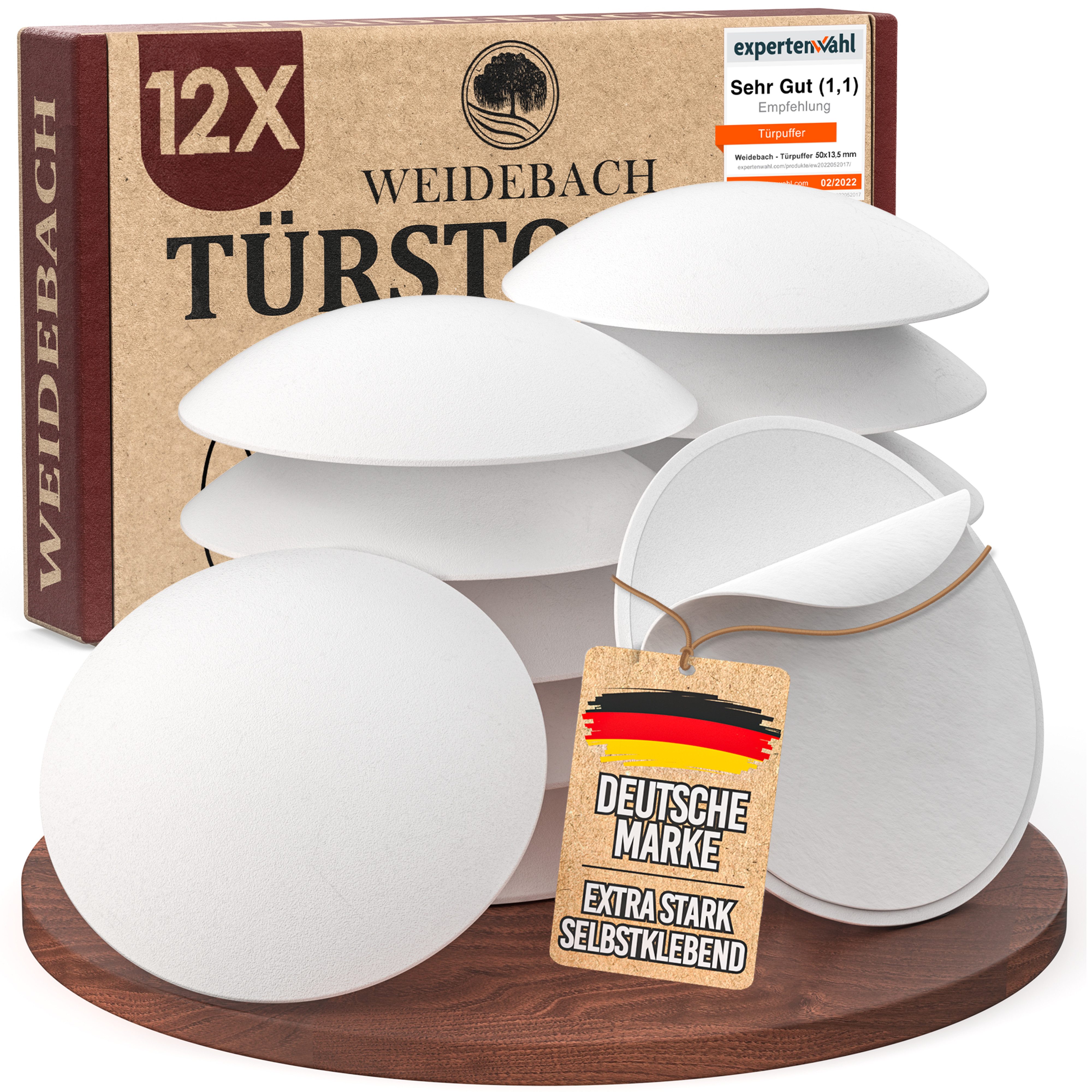 WEIDEBACH Wandtürstopper 12x dezente Türstopper Wand, weiße Türpuffer, 40x8 mm selbstklebend (12 St)