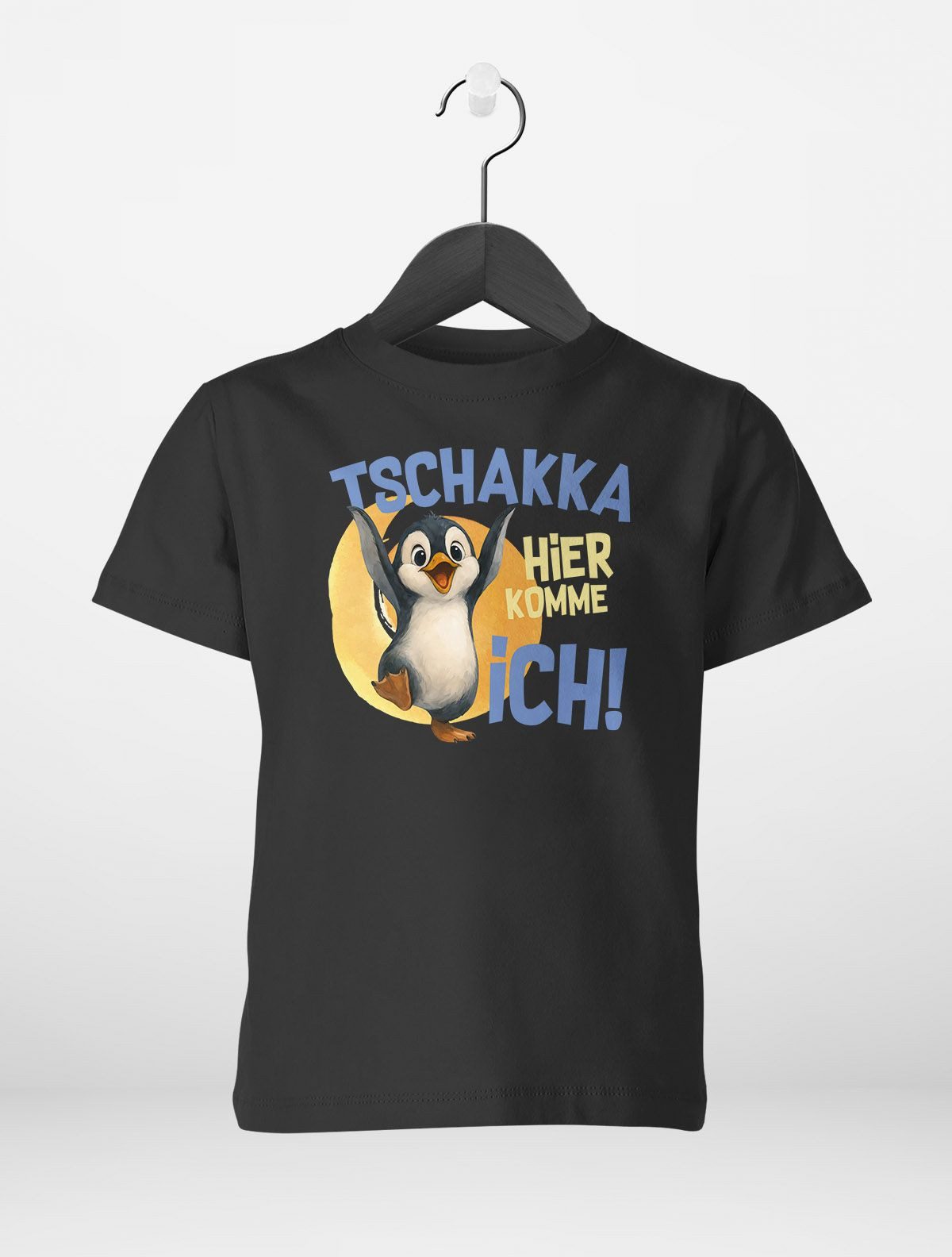 Print-Shirt Kinder T-Shirt Pinguin Print Aufdruck Spruch lustig Tschakka hier