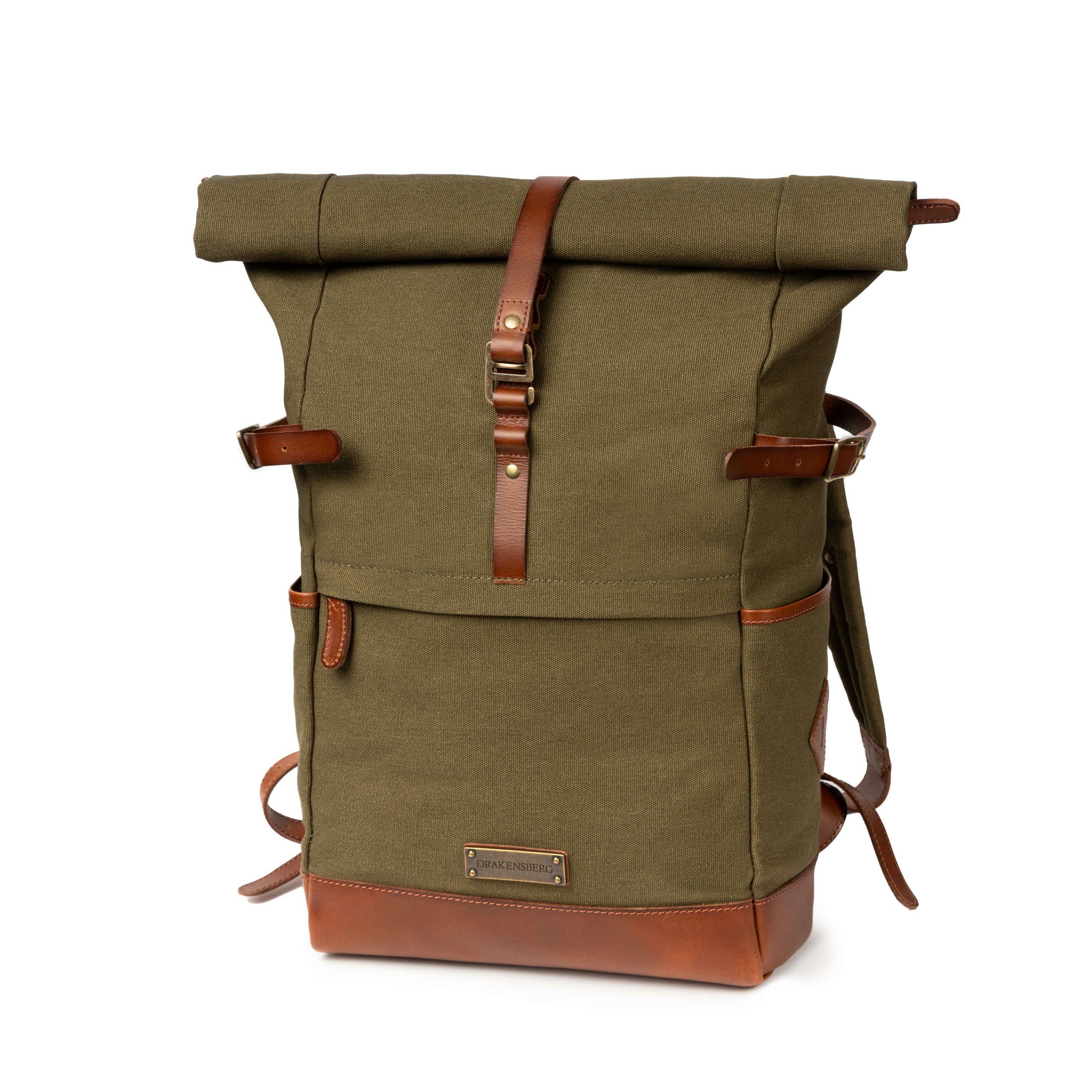 DRAKENSBERG Rucksack Roll-Top »Wyatt« Oliv-Grün, Outdoor-Rucksack aus imprägniertem Canvas mit Leder, 15" Laptopfach