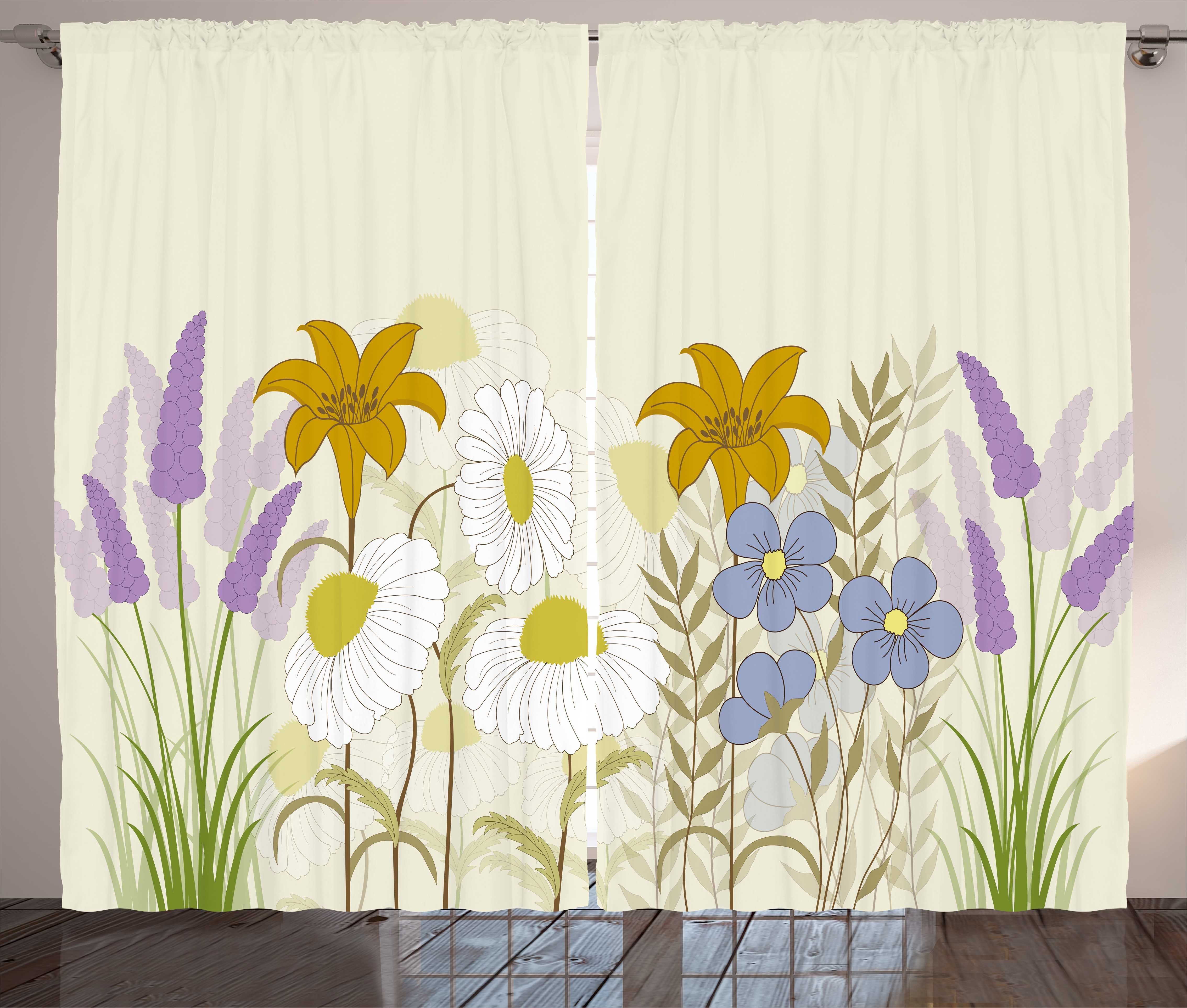 Gardine Schlafzimmer und Kräuselband Blumen Wildblumen Schlaufen mit Haken, Blooming Abakuhaus, Frühling Vorhang