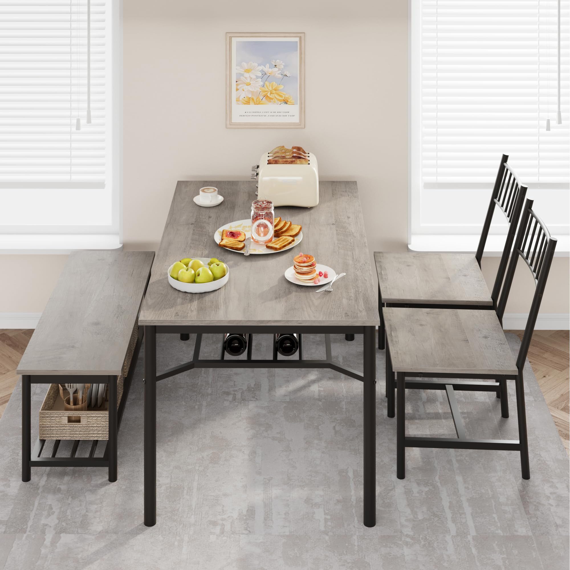 GarveeMore Essgruppe 4 Personen Esstisch Aufbewahrungsbank und 2 Stühlen Sitzgruppe Robust, Tisch: 70 x 120 x 80 cm Stuhl: 39 x 40 x 92 cm Bank: 30 x 105 x 45 cm