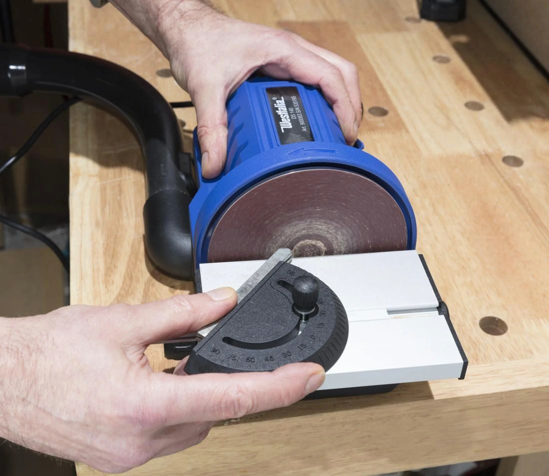Westfalia Werkzeug Band-Tellerschleifer Tellerschleifer mit Gehrungswinkel, 140 Watt