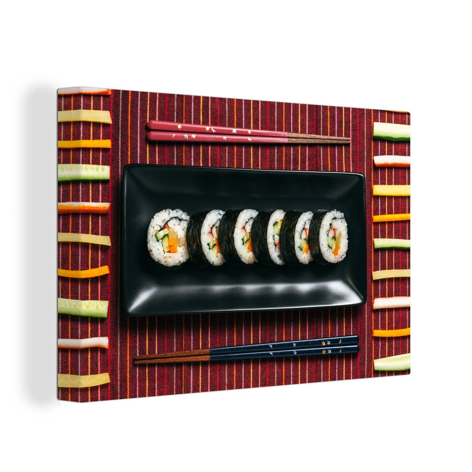 OneMillionCanvasses® Leinwandbild Sushi und Essstäbchen aus der japanischen Küche, (1 St), Wandbild Leinwandbilder, Aufhängefertig, Wanddeko, 30x20 cm