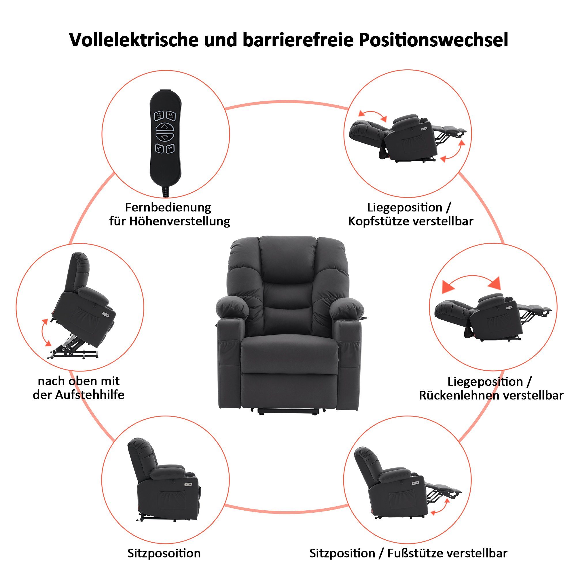 MCombo Relaxsessel MCombo elektrische Aufstehhilfe Relaxsessel 7550 (Fernsehsessel mit Aufstehhilfe Elektrisch, 3 Motoren), mit Relaxfunktion