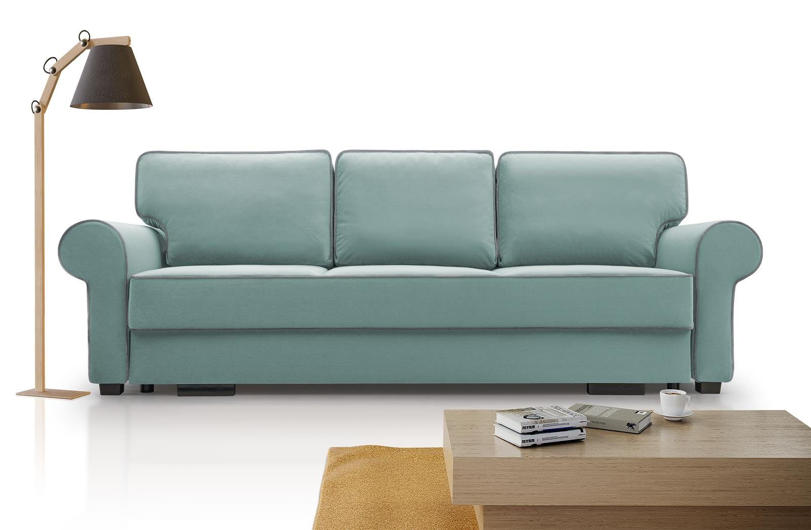 Beautysofa 3-Sitzer BELLO, in Retro-Stil, Bettkasten, Wellenfedern, für Wohnzimmer, Dreisitzer Sofa aus Veloursstoff, inklusive Schlaffunktion Hellblau (matt velvet 72 + 83)