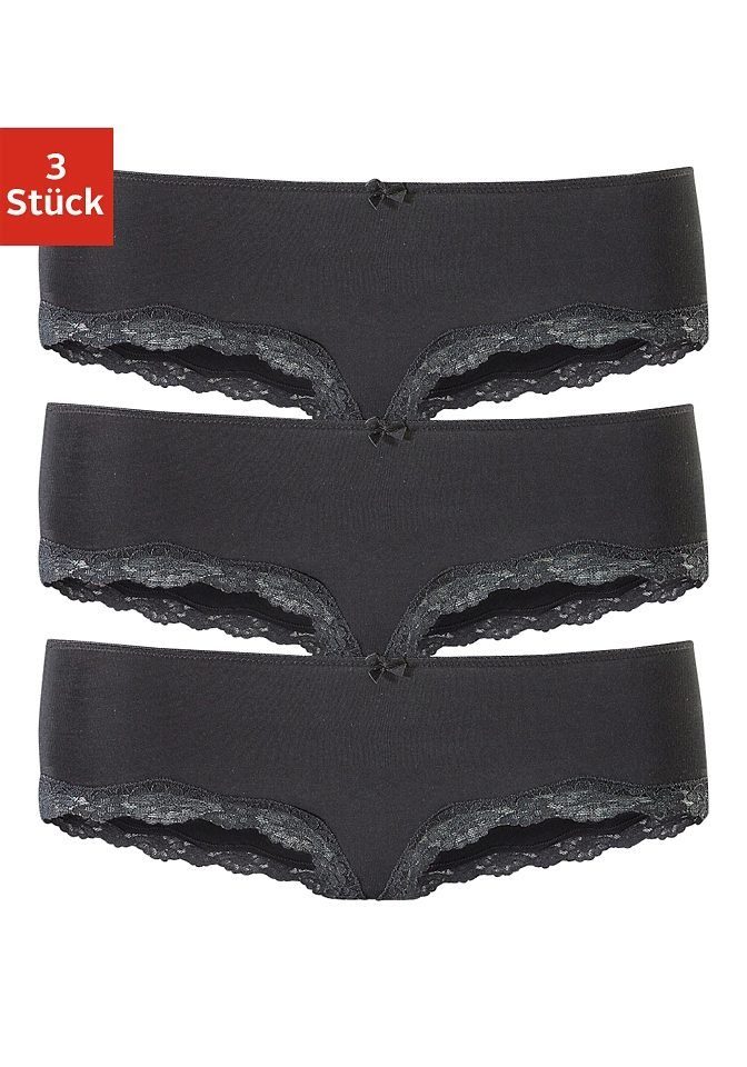 LASCANA Panty (Packung, 3-St) aus elastischer Baumwolle mit zarter Spitze schwarz