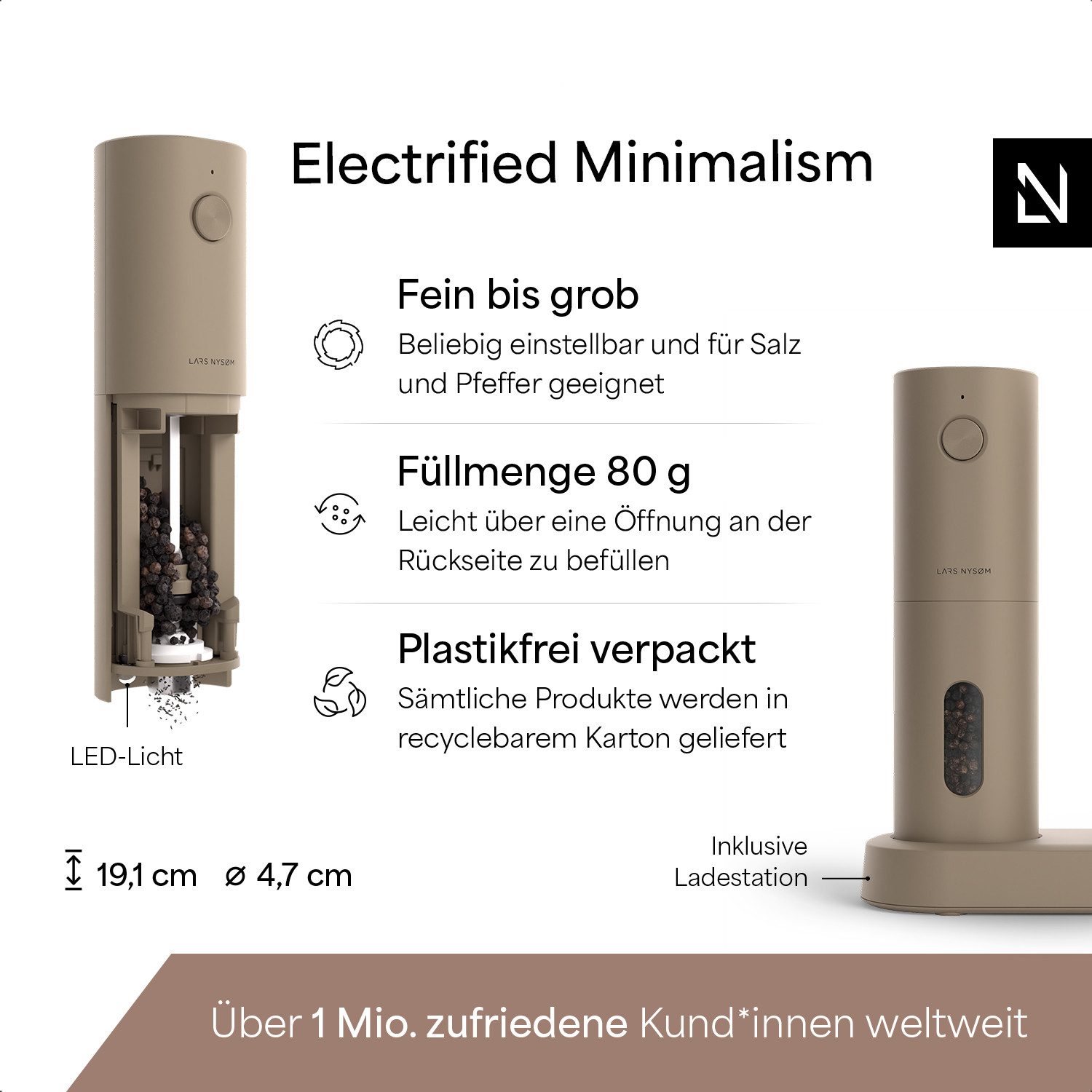 LARS NYSØM Gewürzmühle Spænding praktische Einhandbedienung per Drucktaste, (2 Stück), elektrische Salz- & Pfeffermühle mit eingebautem LED-Licht – Bild 4 von 5