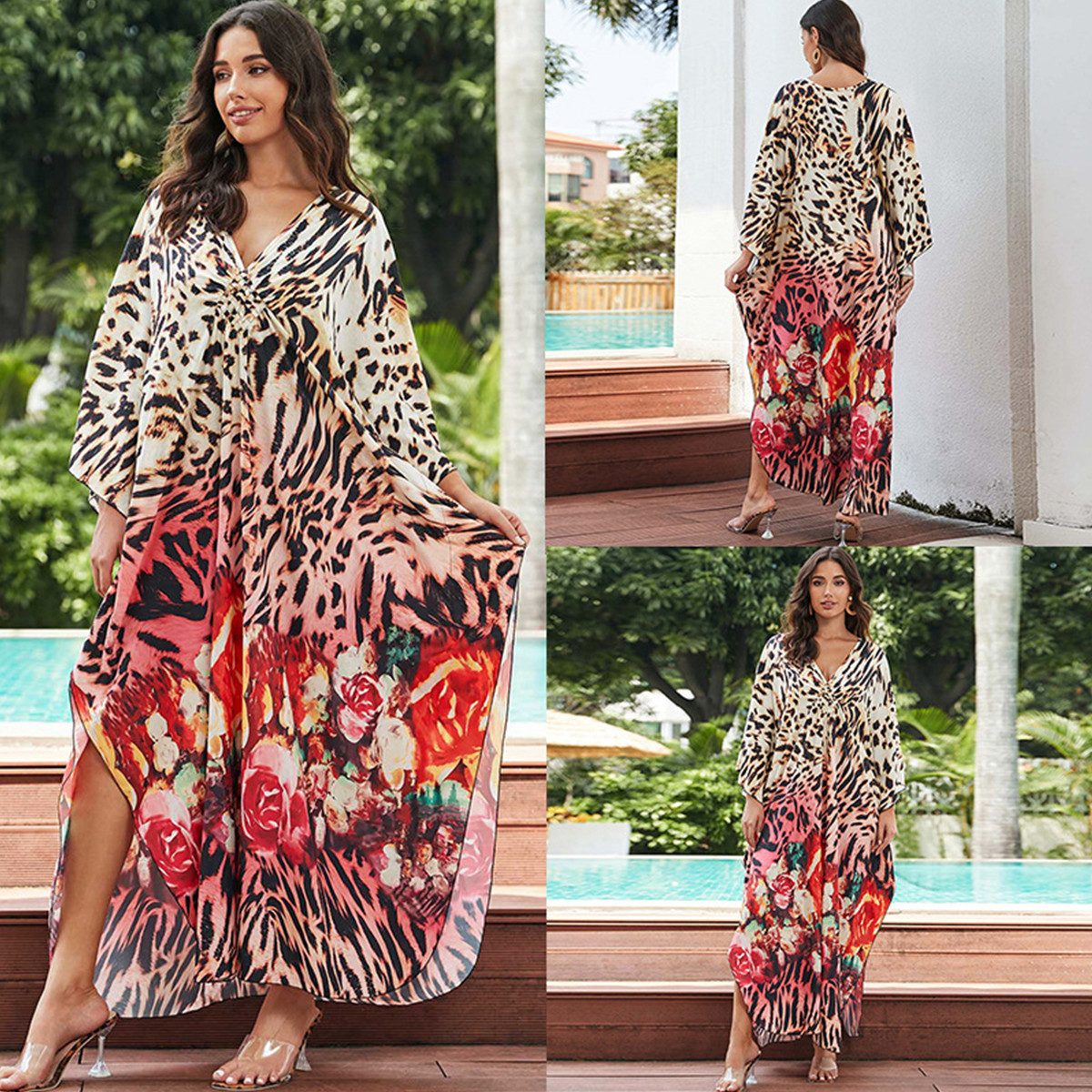 Blusenkleid Bikini Cover-up Damen lang, Strandkleid mit Muster & weitem Schnitt
